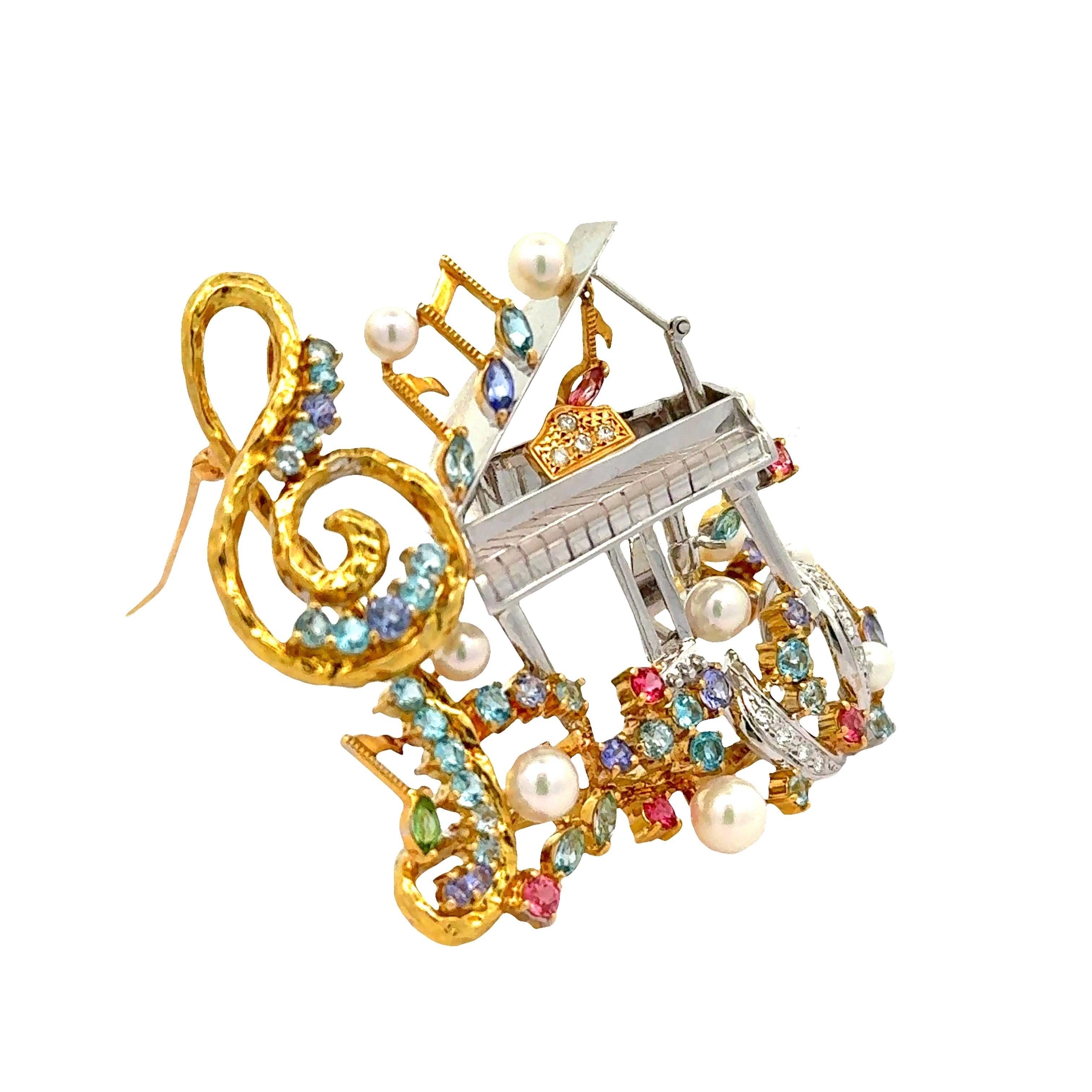 Multi-Colored Gemstones Diamond Pearl Gold Piano Musical Motif Brooch
