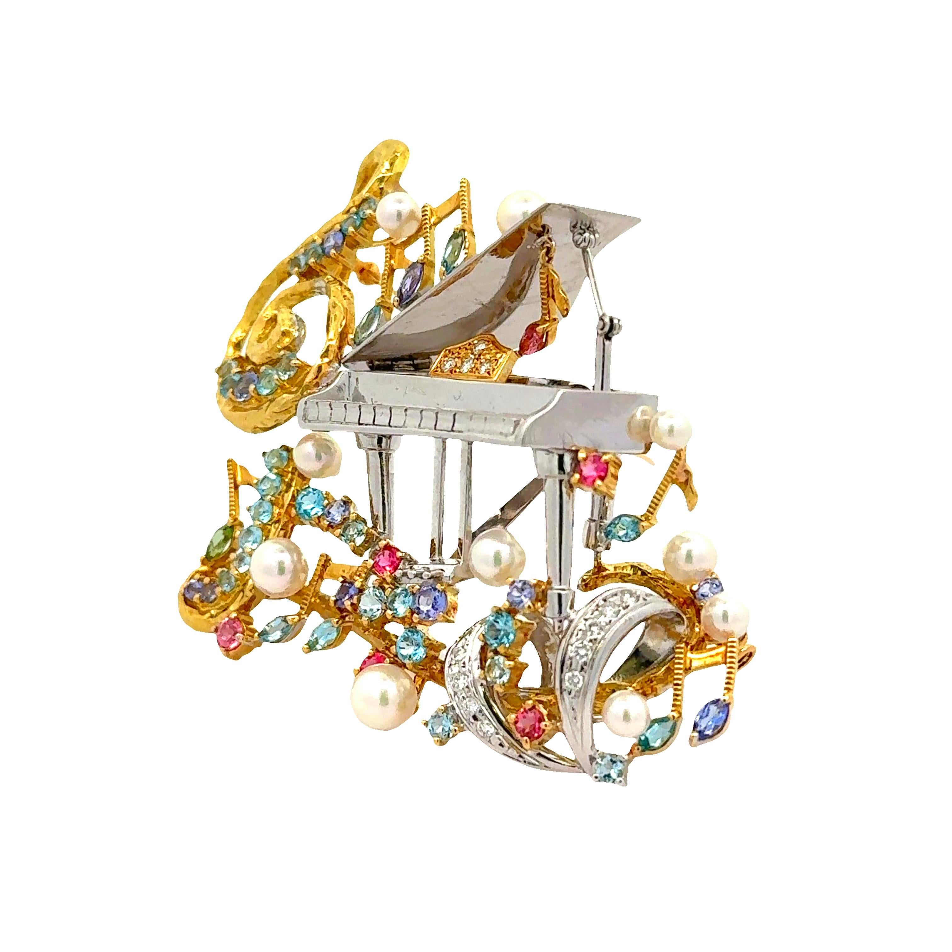 Multi-Colored Gemstones Diamond Pearl Gold Piano Musical Motif Brooch