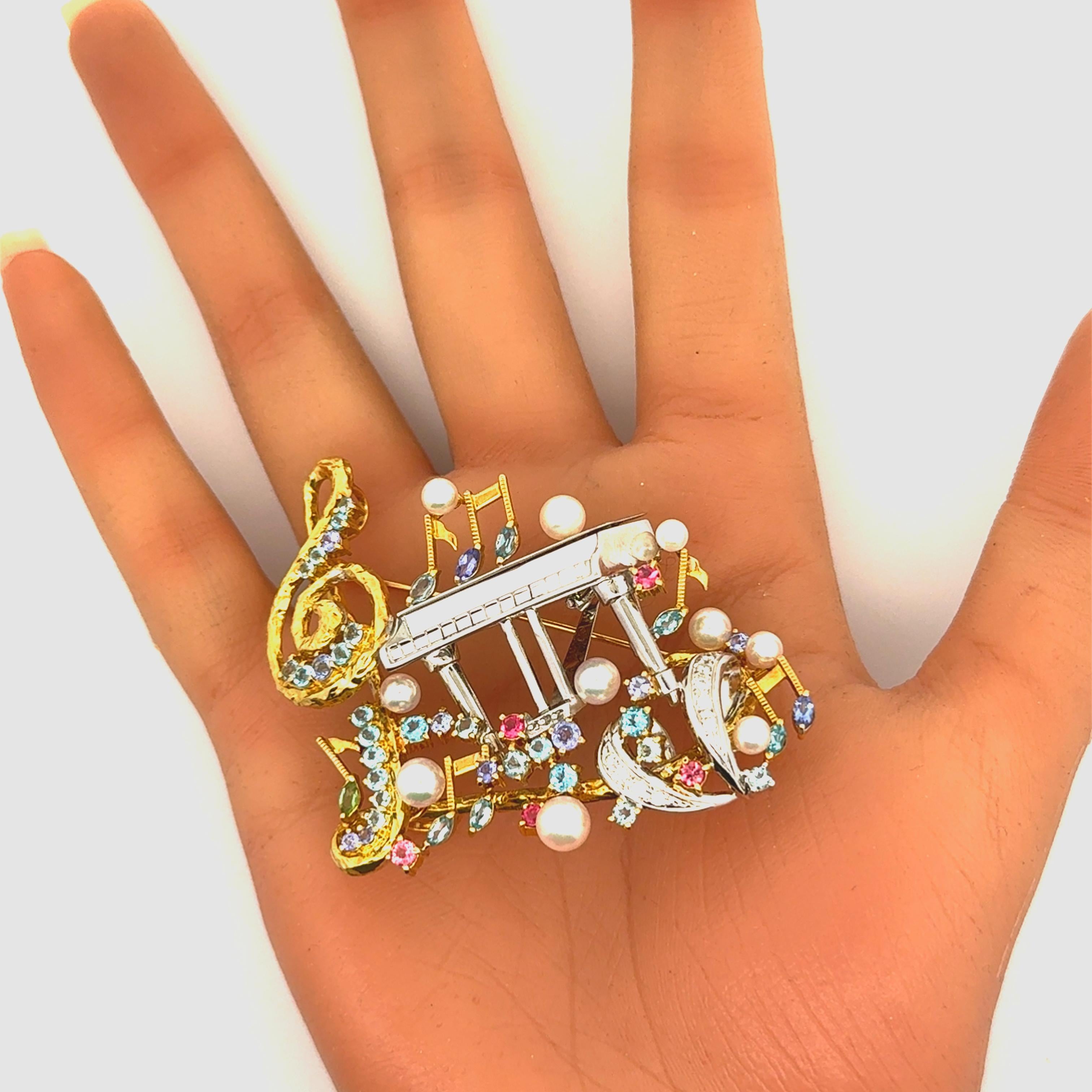 Multi-Colored Gemstones Diamond Pearl Gold Piano Musical Motif Brooch