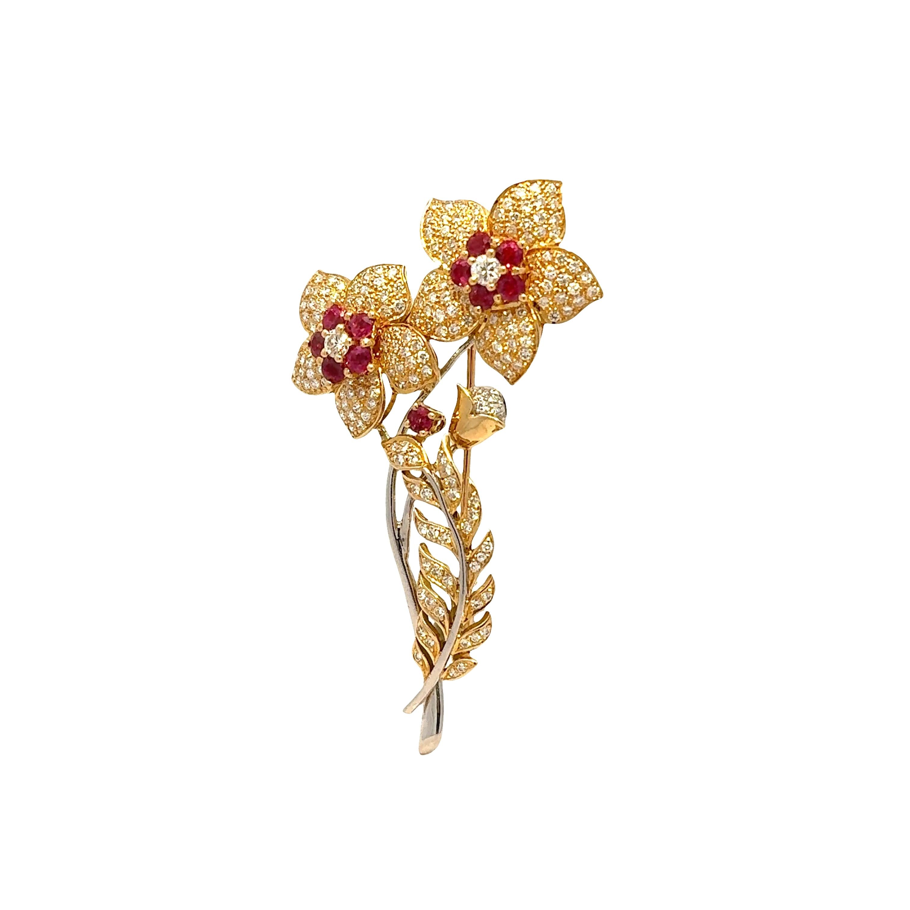 Diamond Ruby 18k Gold Platinum Bouquet Brooch