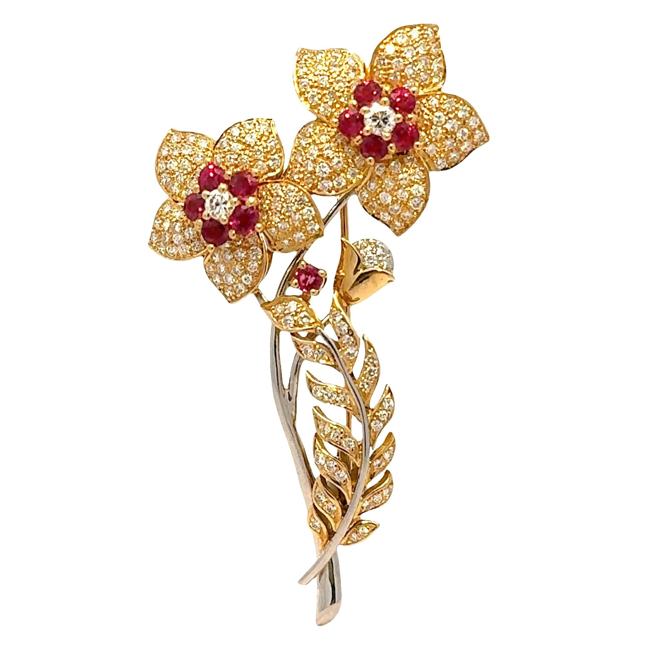 Diamond Ruby 18k Gold Platinum Bouquet Brooch
