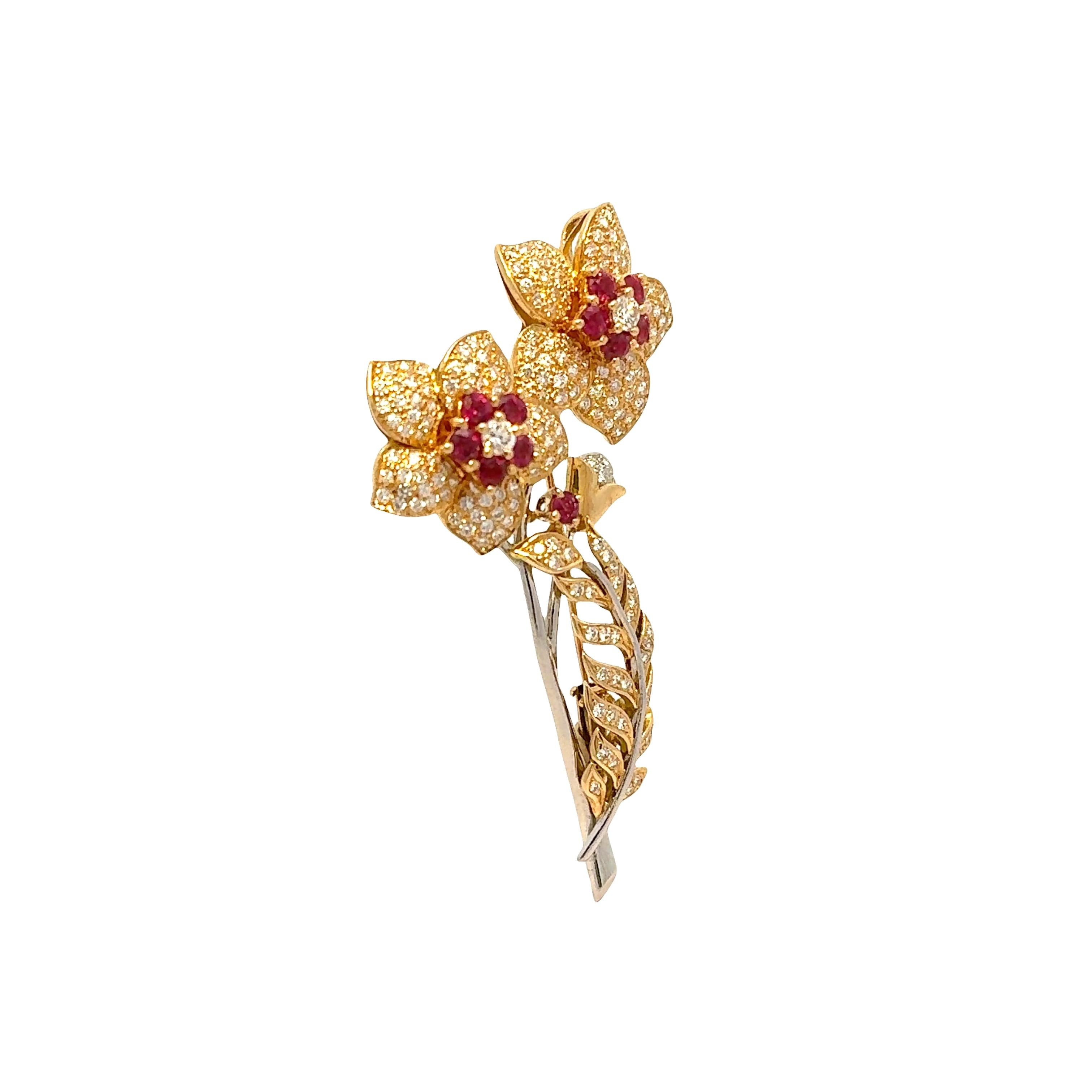Diamond Ruby 18k Gold Platinum Bouquet Brooch