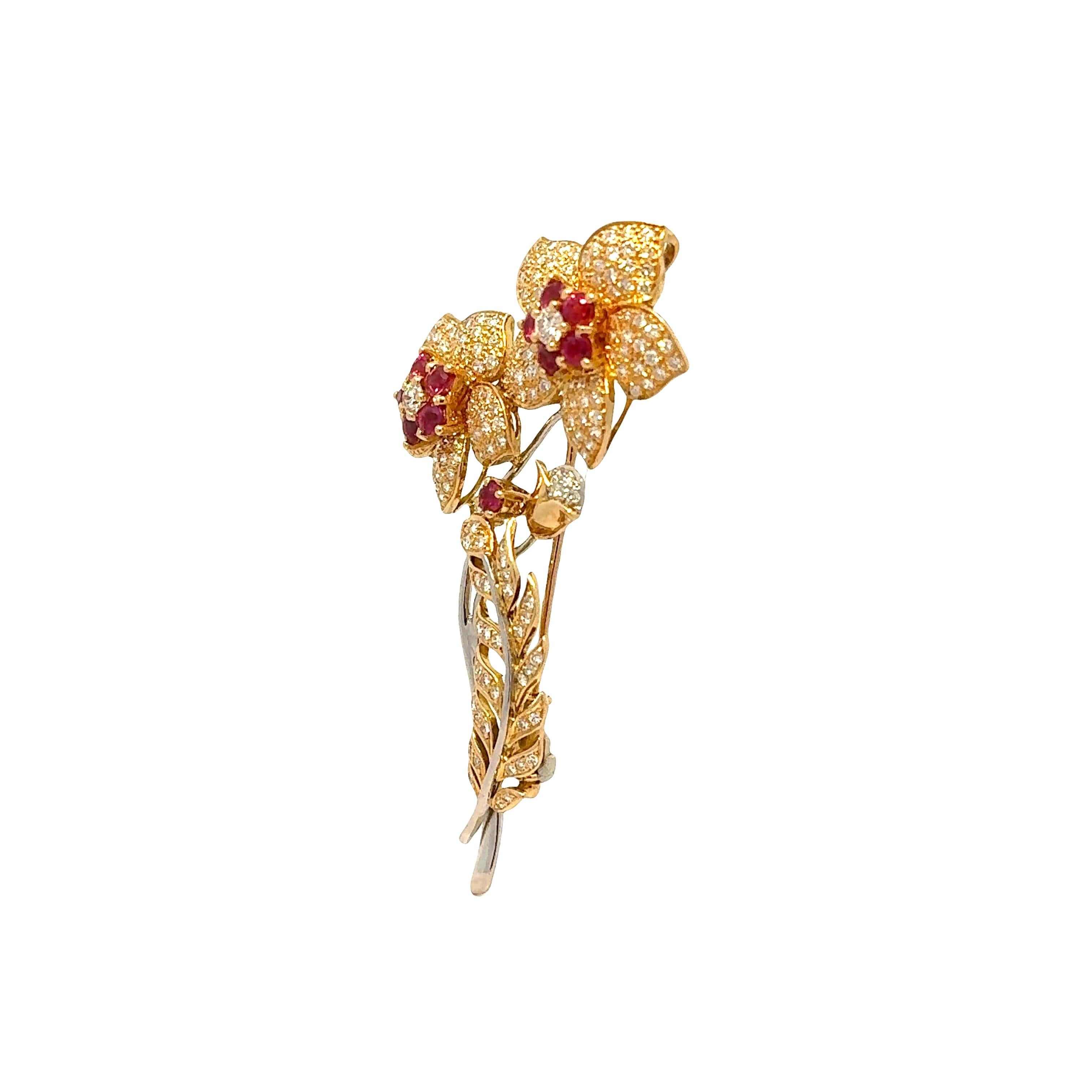 Diamond Ruby 18k Gold Platinum Bouquet Brooch