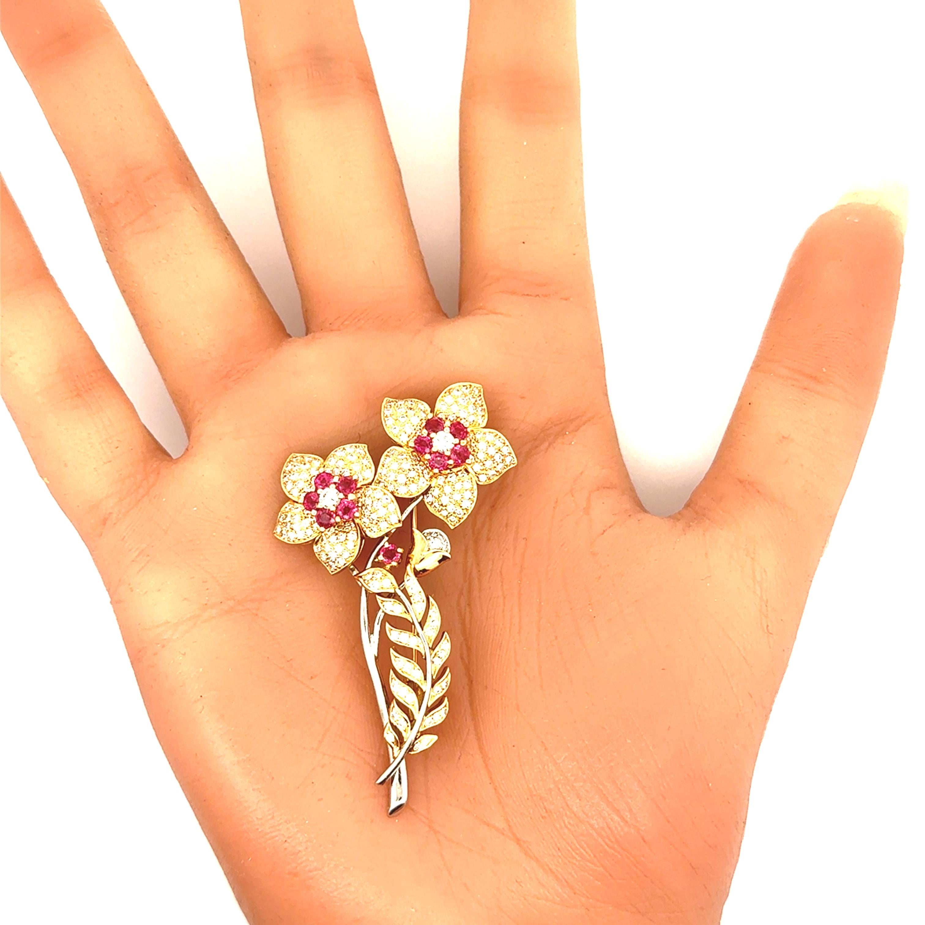 Diamond Ruby 18k Gold Platinum Bouquet Brooch