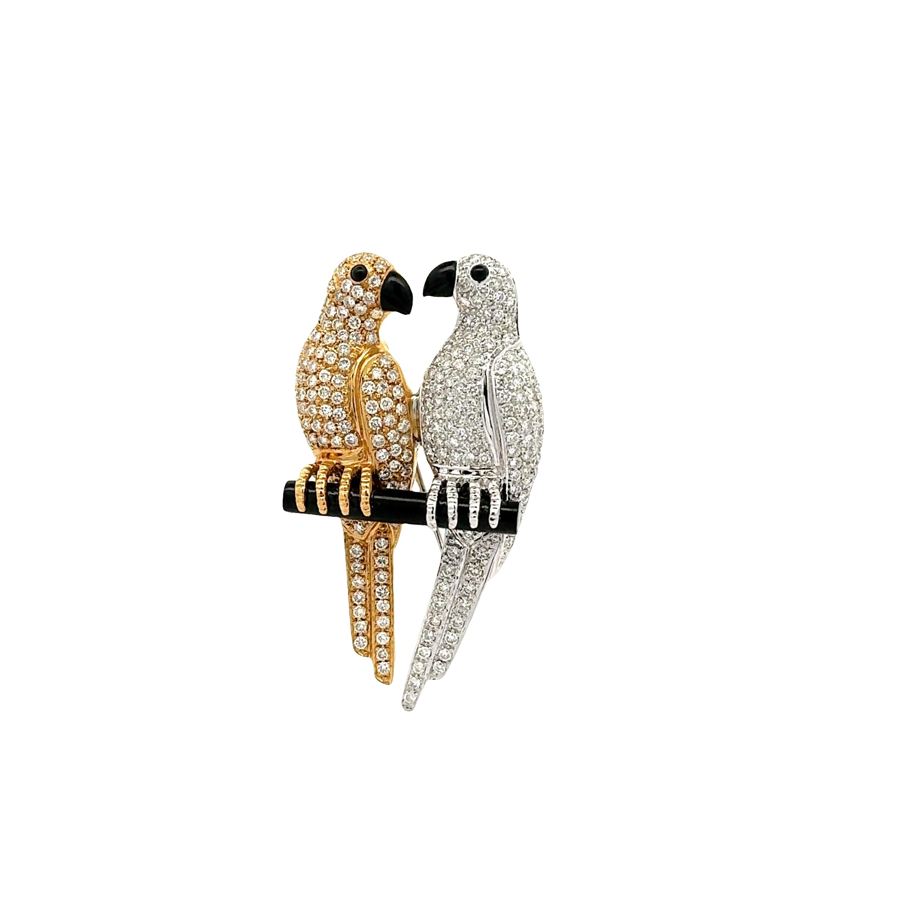 Diamond Onyx 18K Gold Two-Tone Lovebirds Pendant-Brooch