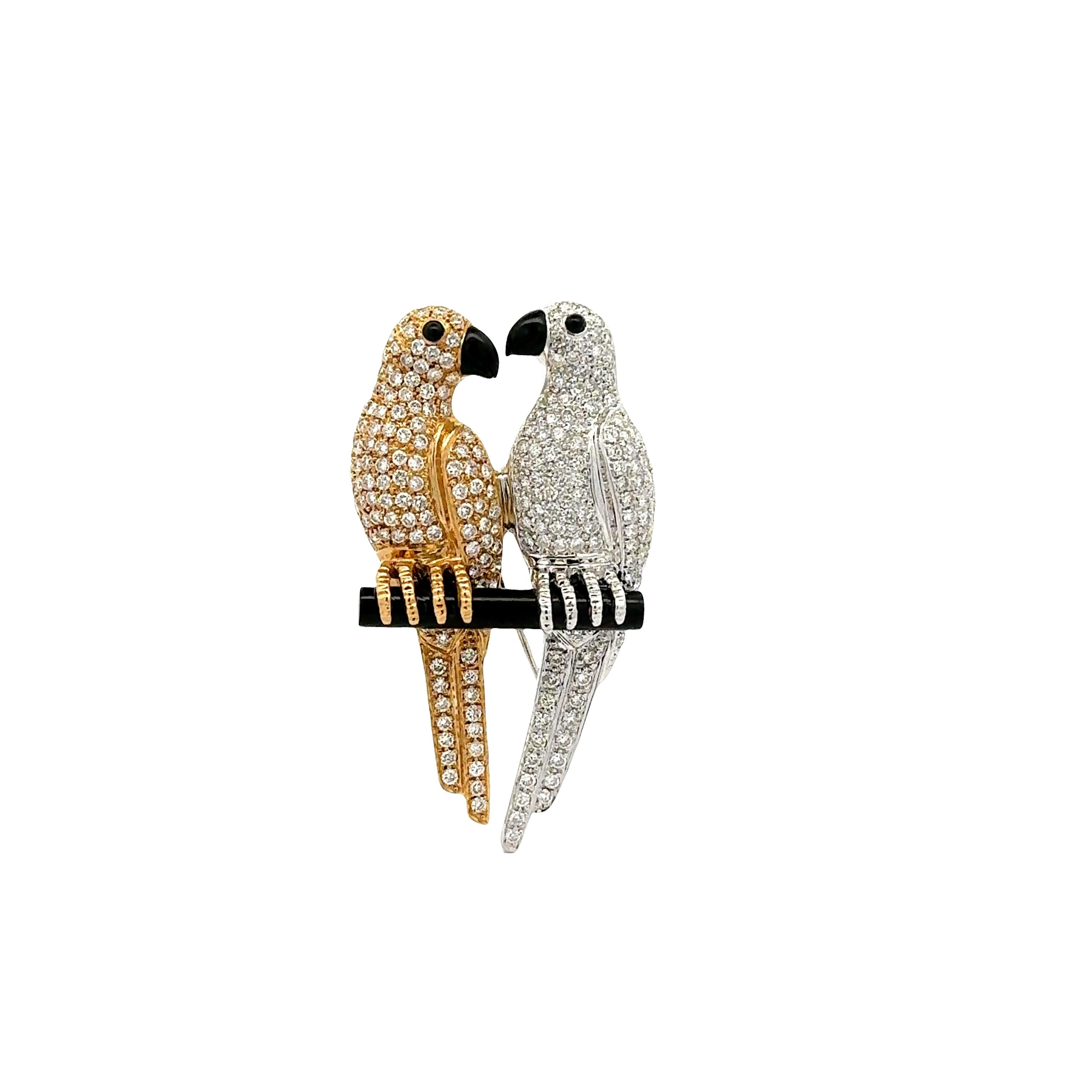Diamond Onyx 18K Gold Two-Tone Lovebirds Pendant-Brooch