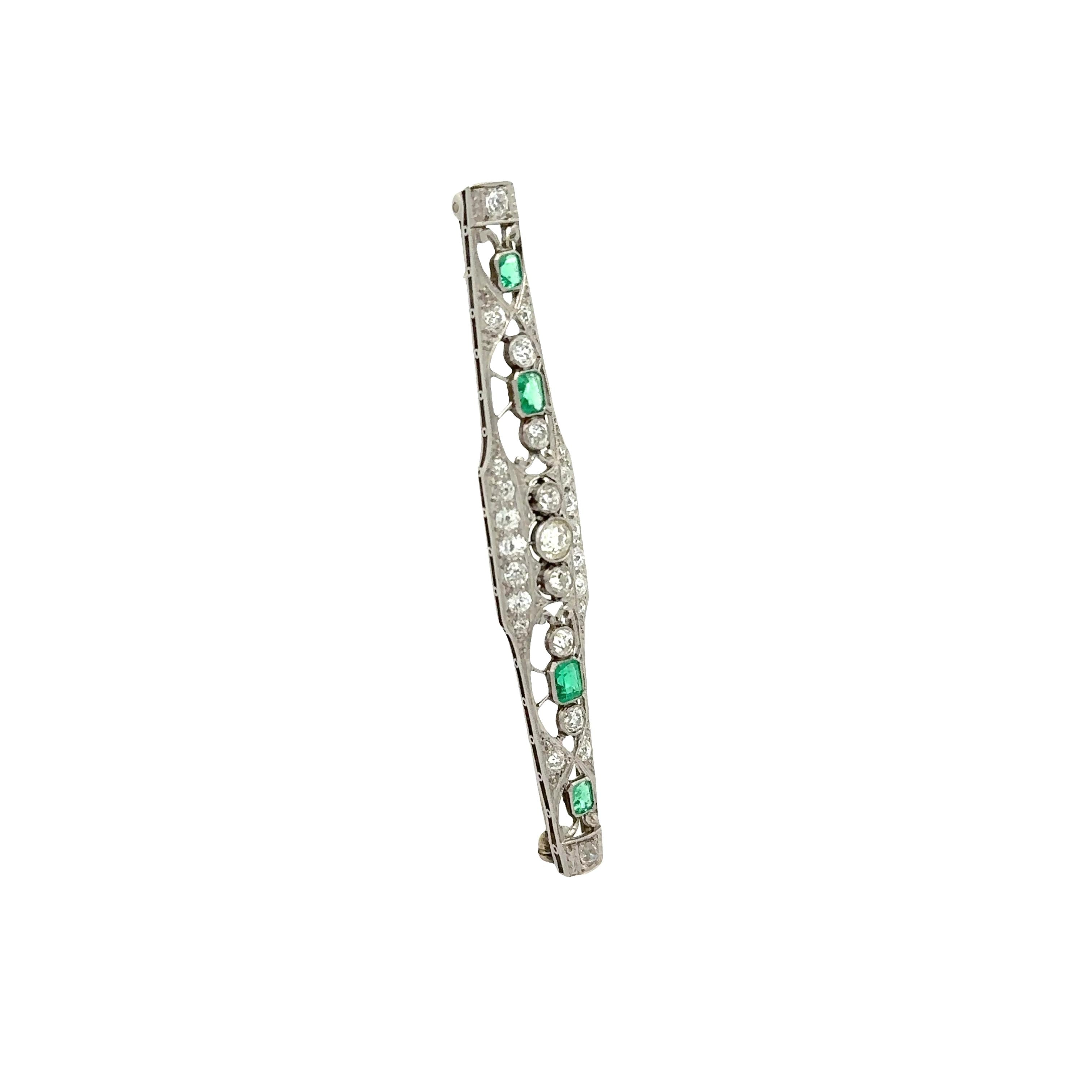 Art Deco Emerald Diamond Platinum Brooch
