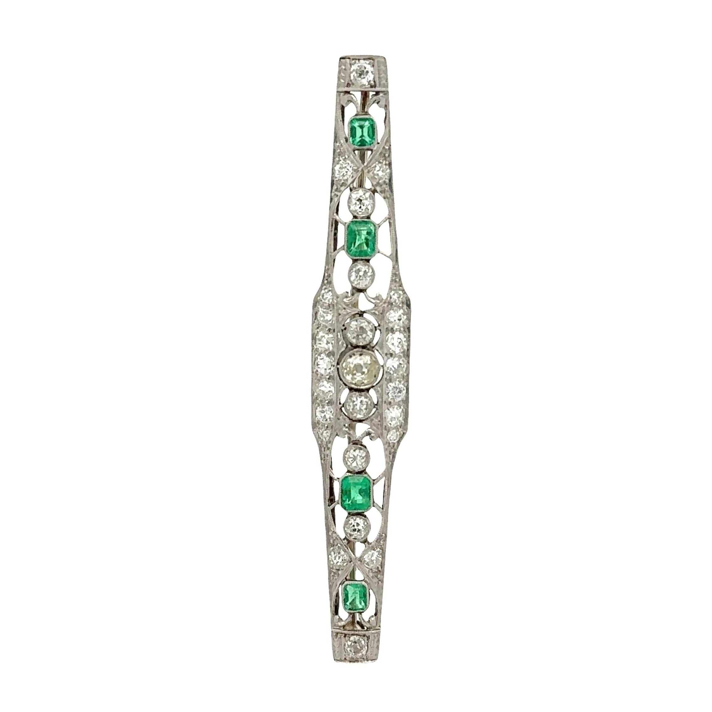 Art Deco Emerald Diamond Platinum Brooch