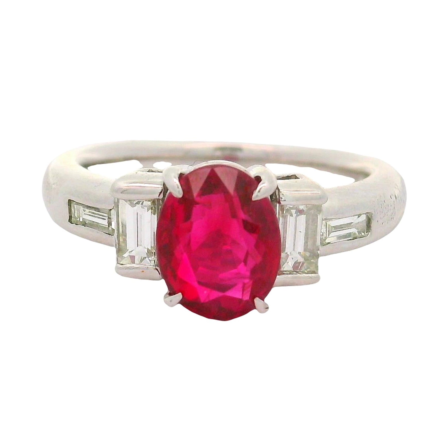2.01 Carat Burmese Ruby Diamond Platinum Three-Stone Ring, GIA Certified