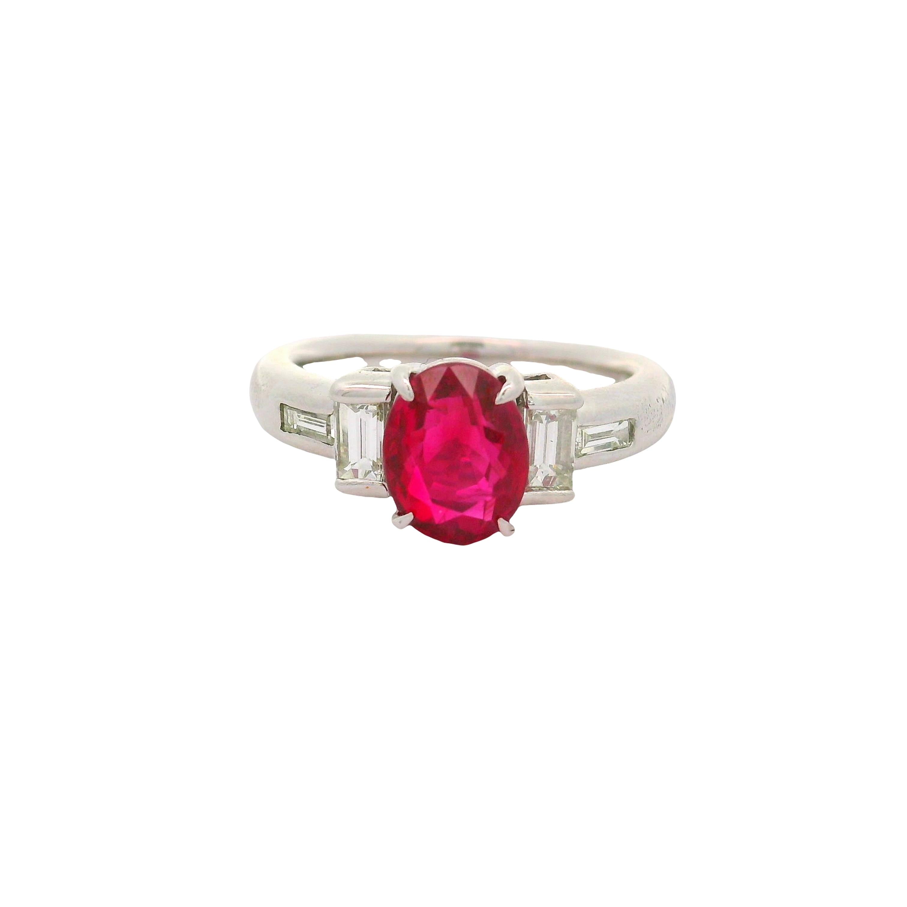 2.01 Carat Burmese Ruby Diamond Platinum Three-Stone Ring, GIA Certified