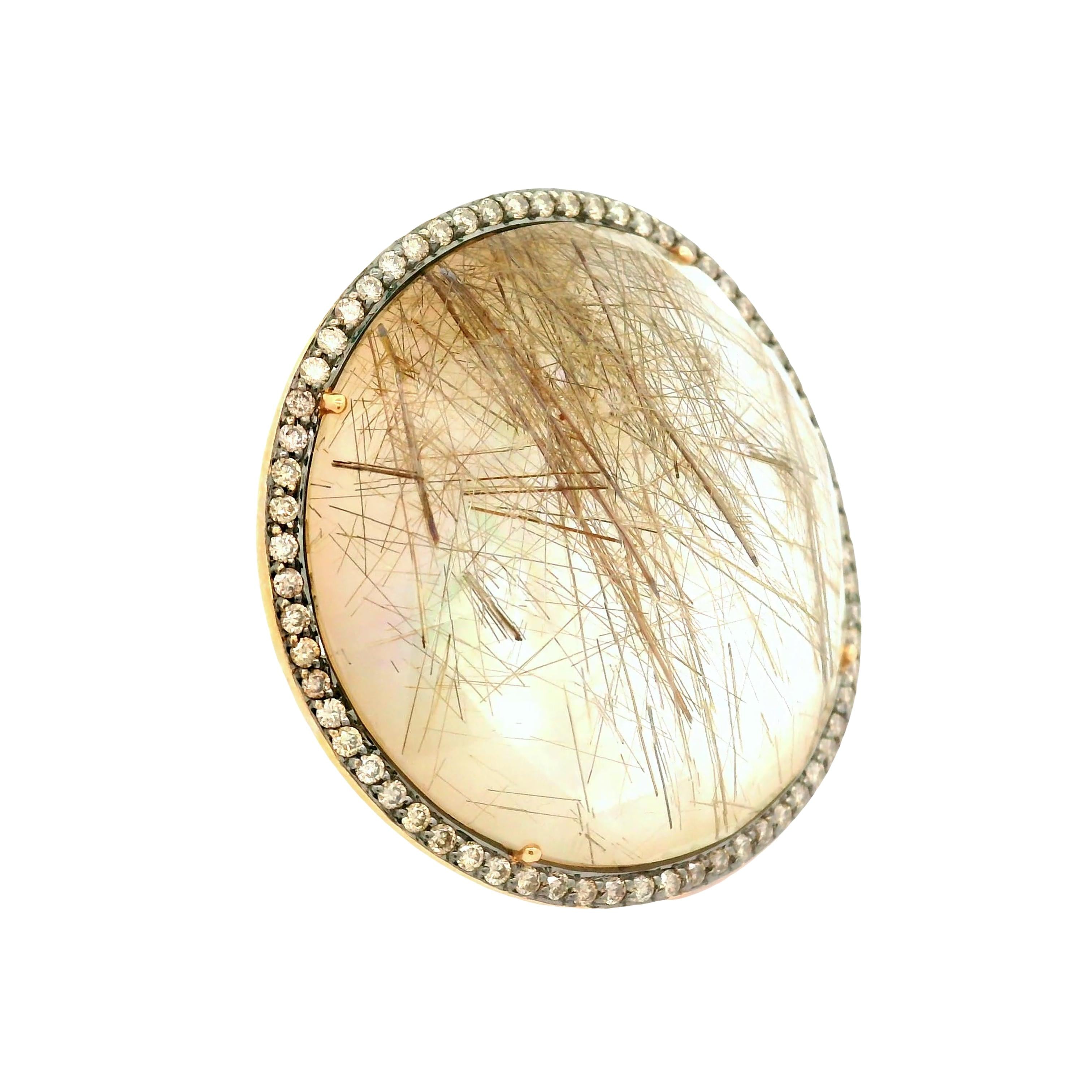Rutilated-Quartz Mother-of-Pearl Diamond 18k Rose Gold Cocktail Ring