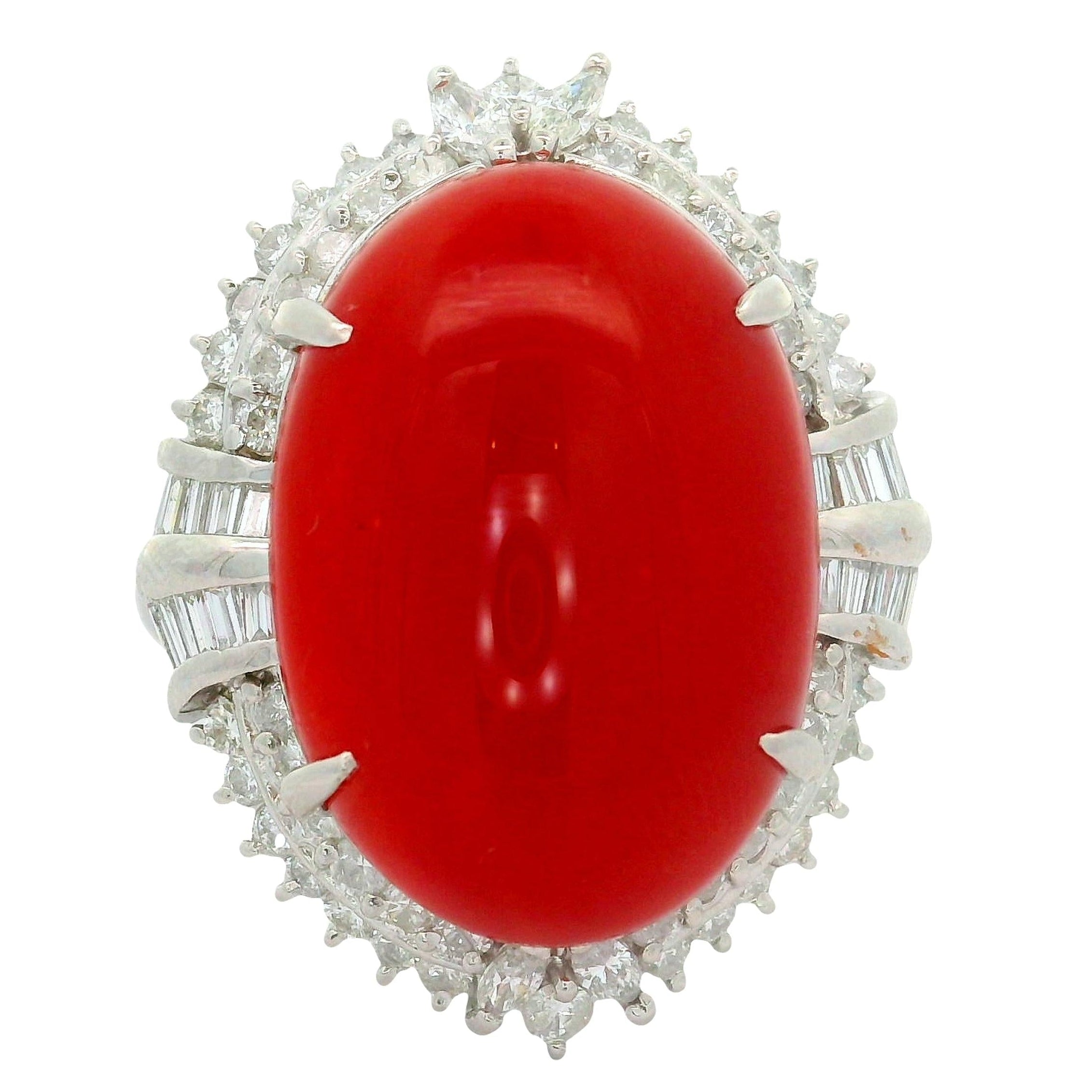 18.43 Carat Ox-Blood Coral Diamond Platinum Cocktail Ring