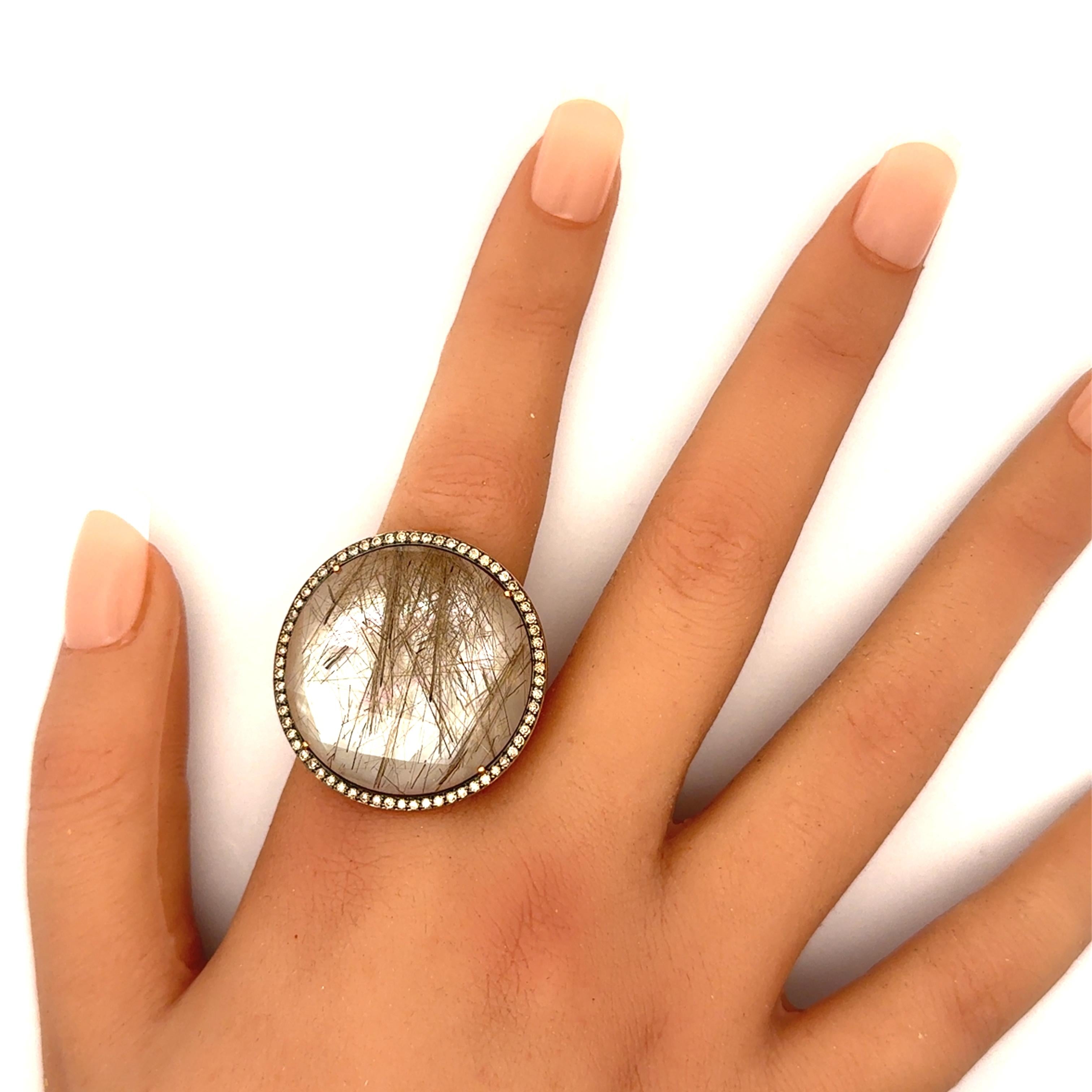 Rutilated-Quartz Mother-of-Pearl Diamond 18k Rose Gold Cocktail Ring