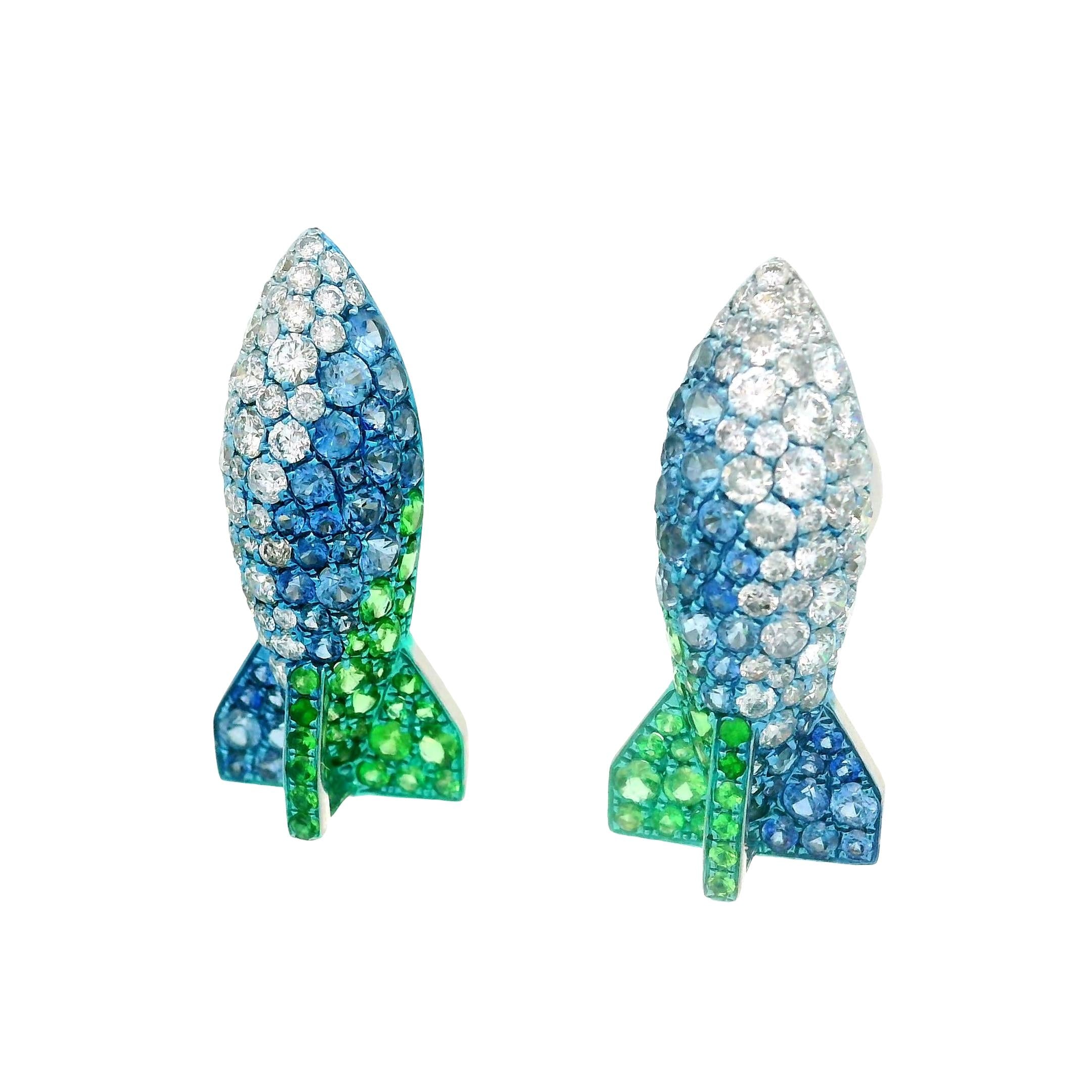 Diamond Sapphire Tsavorite 18k White Gold Rocket Earrings