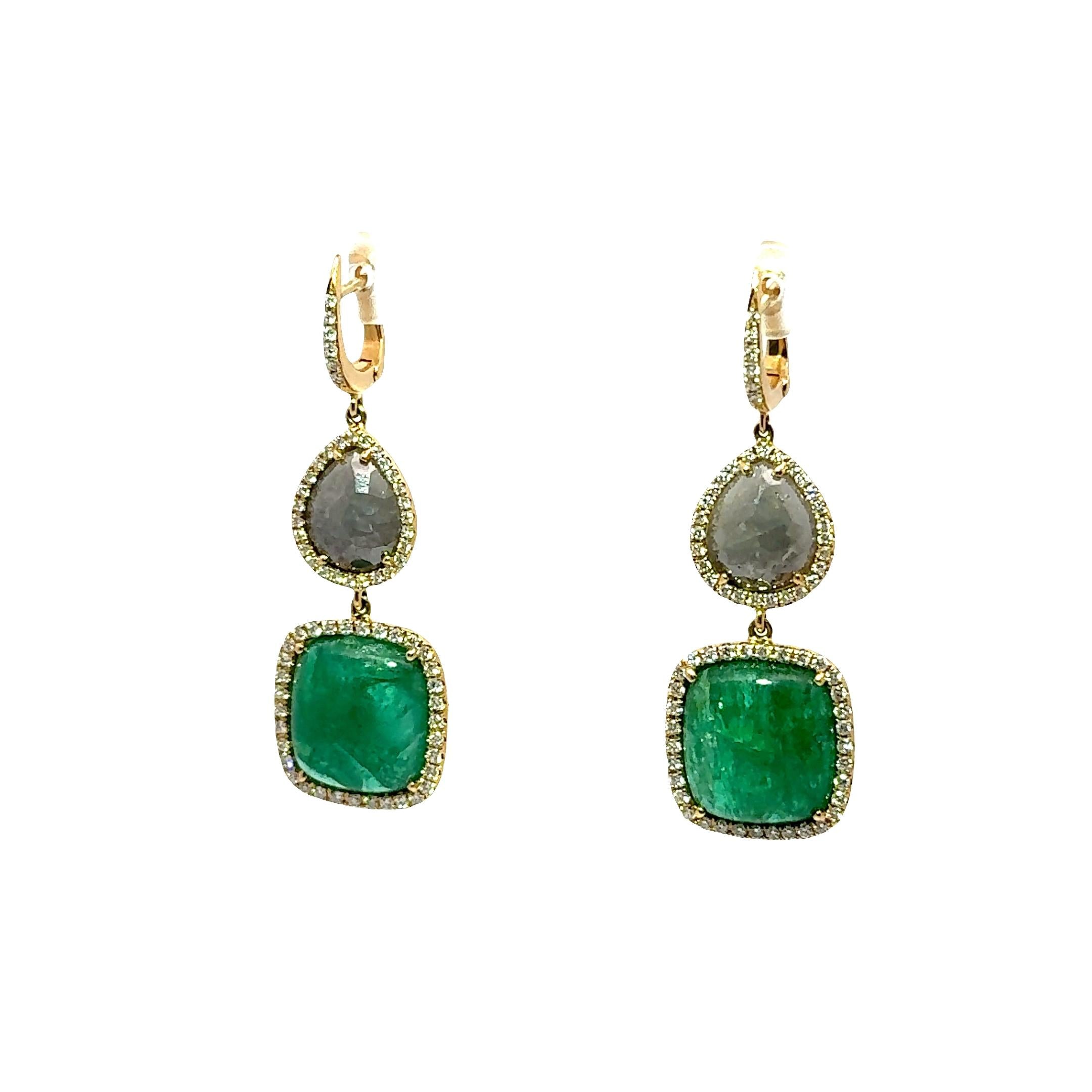 Emerald Diamond 18k Yellow Gold Drop Earrings