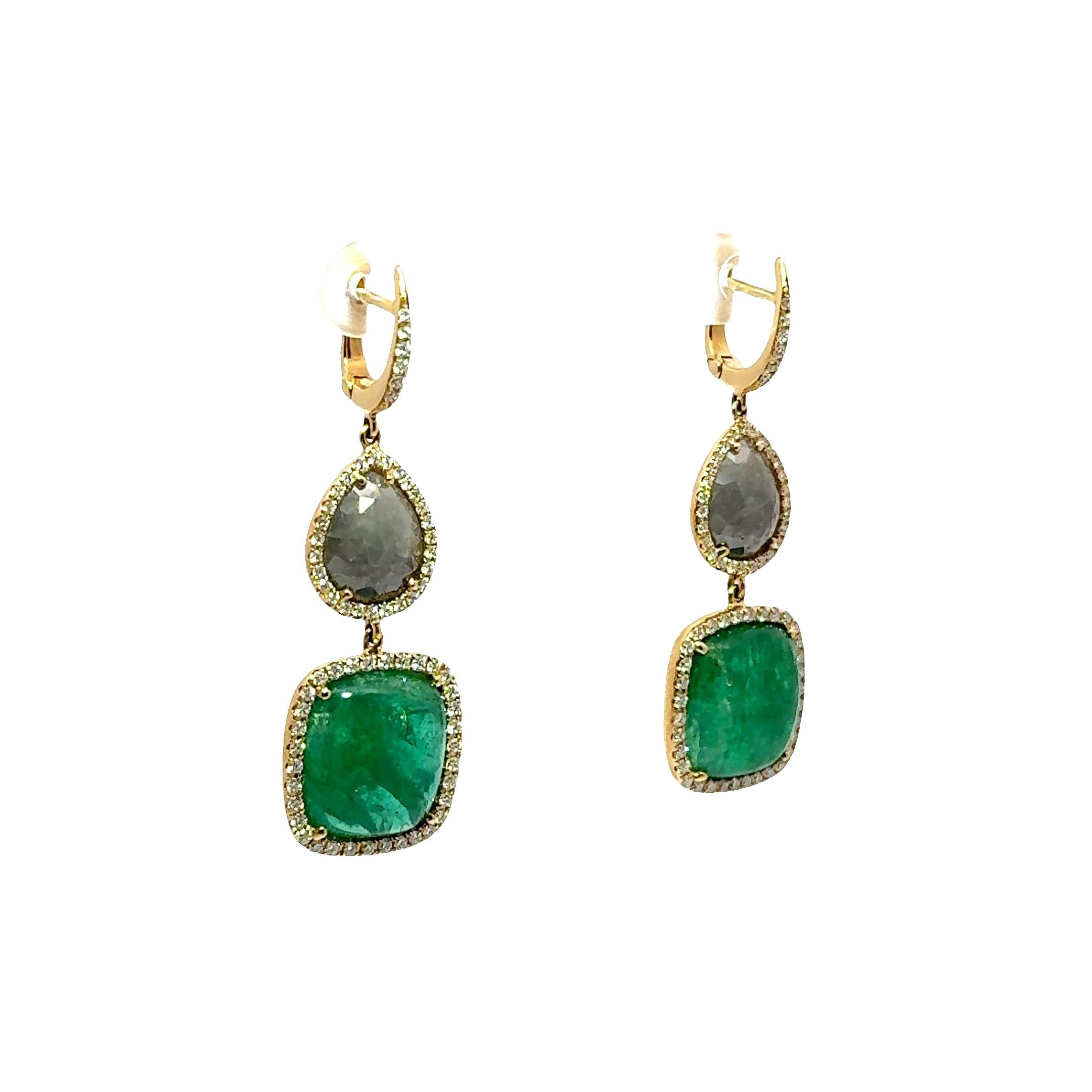 Emerald Diamond 18k Yellow Gold Drop Earrings