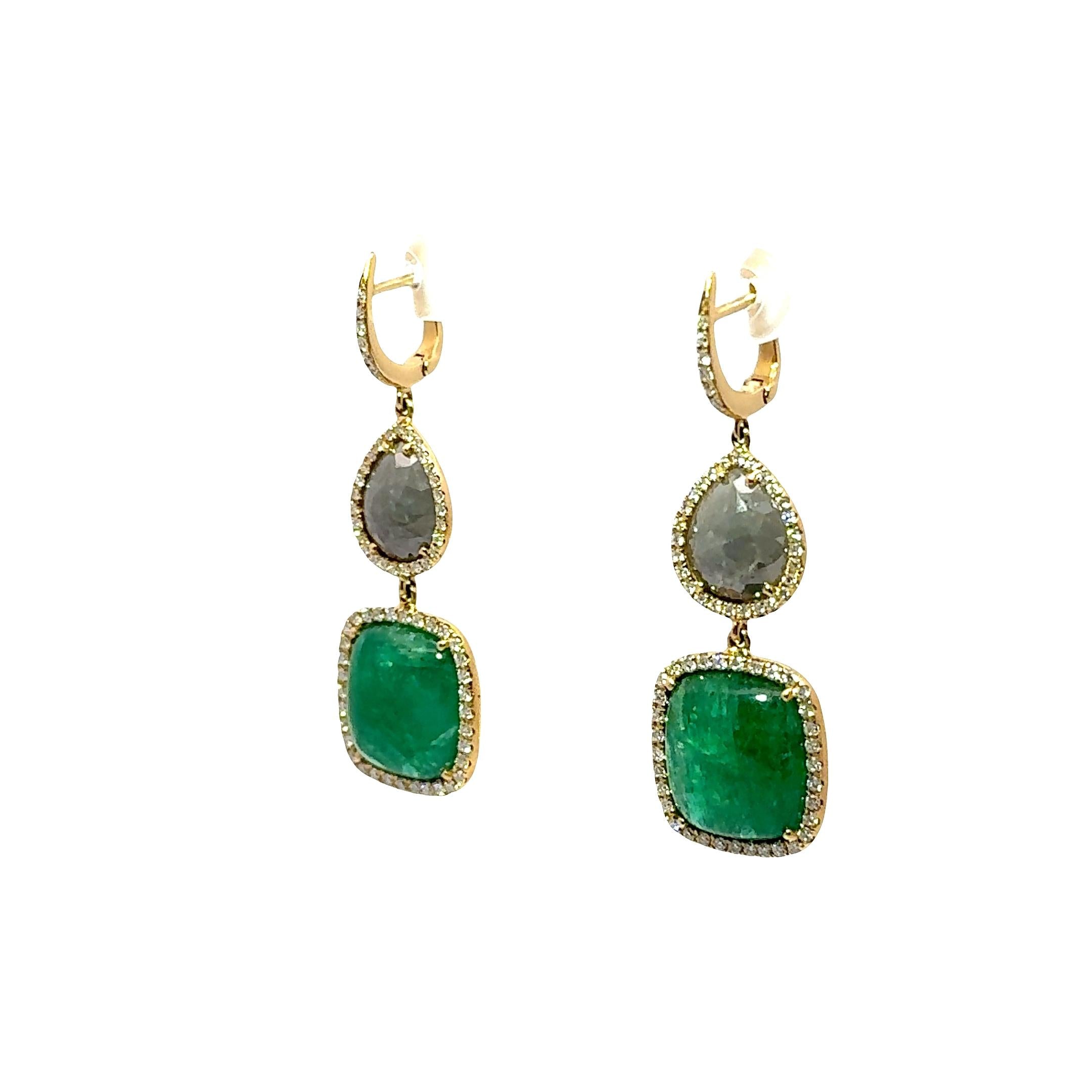 Emerald Diamond 18k Yellow Gold Drop Earrings