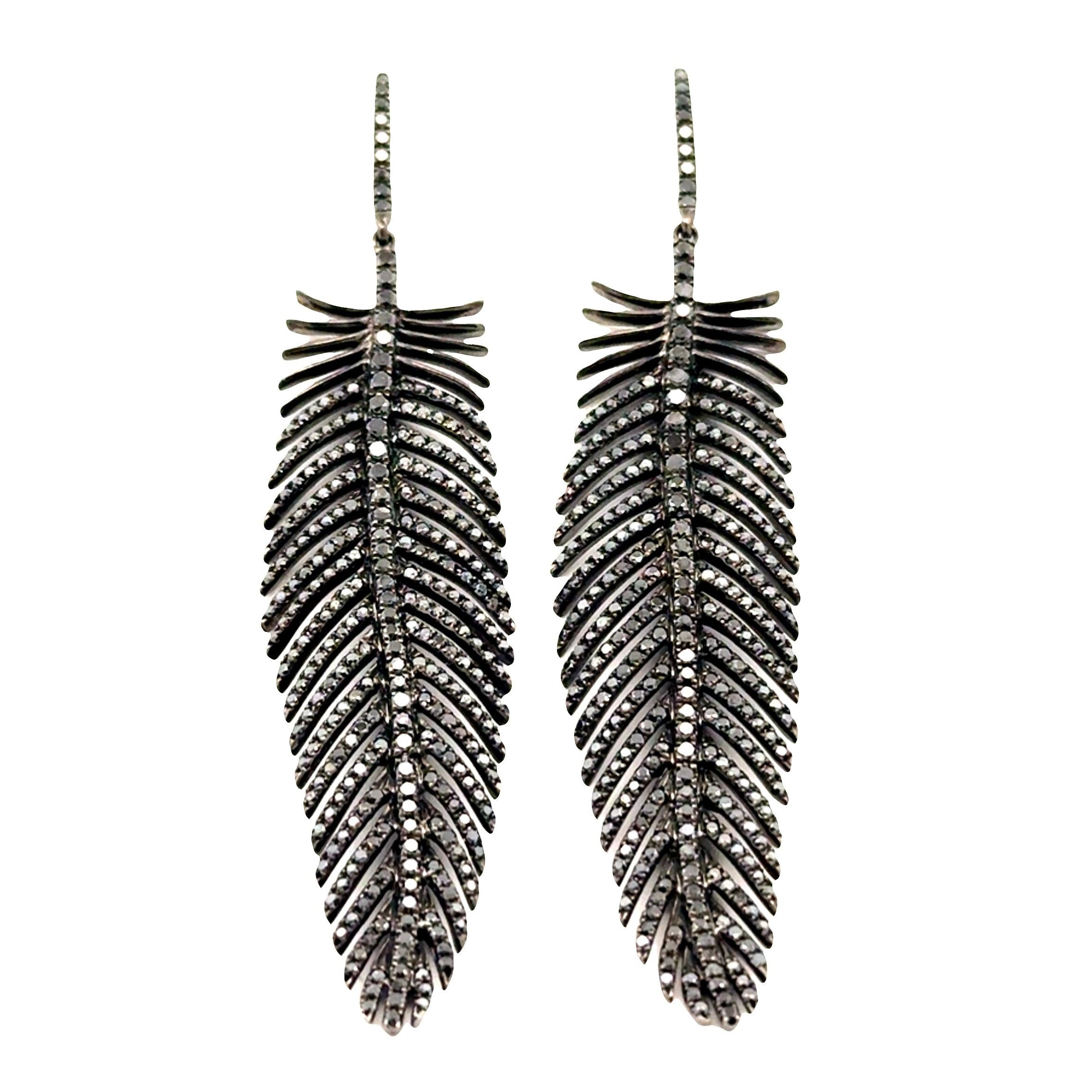 Black Diamond 18k Gold Feather Hook Earrings