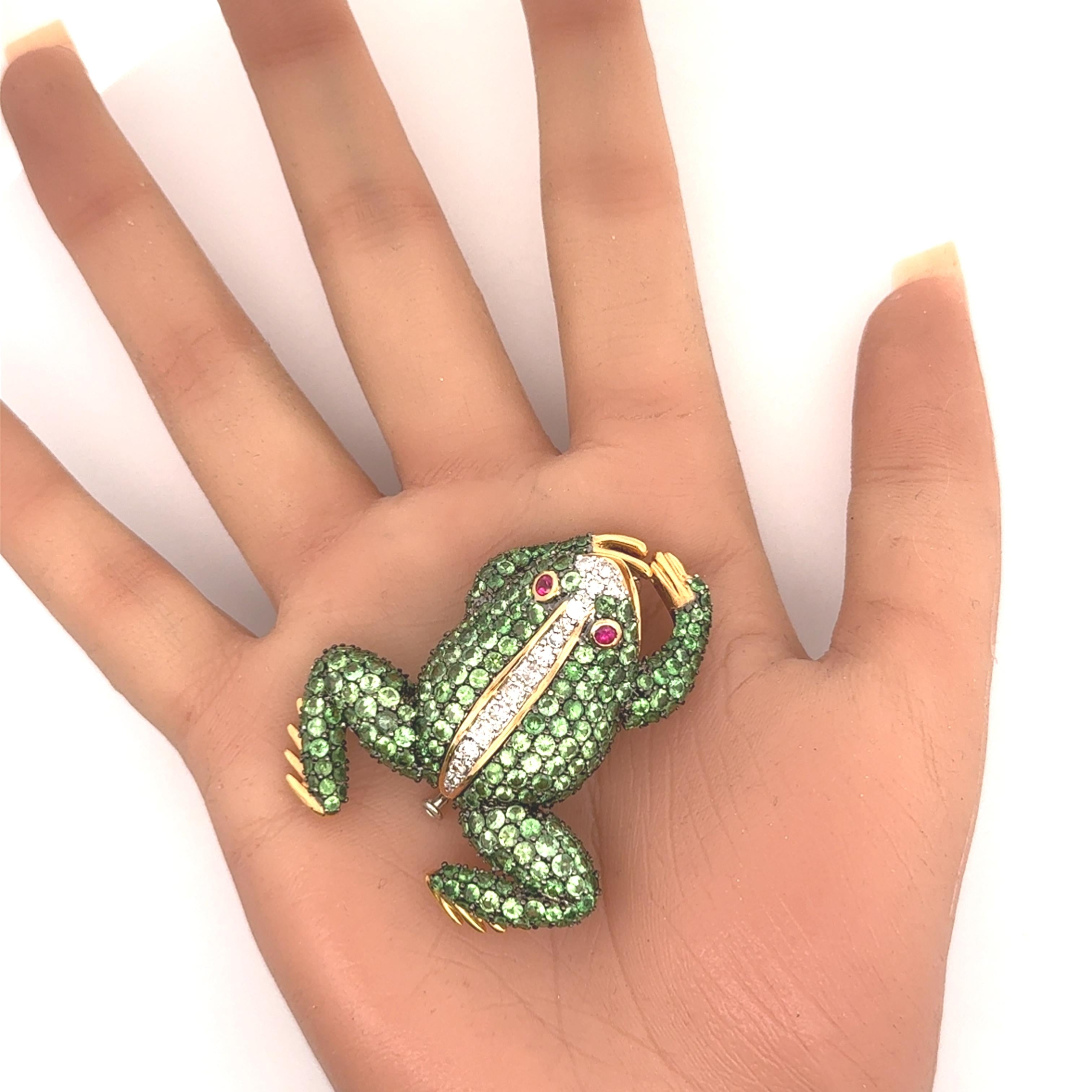 Tsavorite Diamond Ruby 18k Gold Two-Tone Frog Brooch Pendant