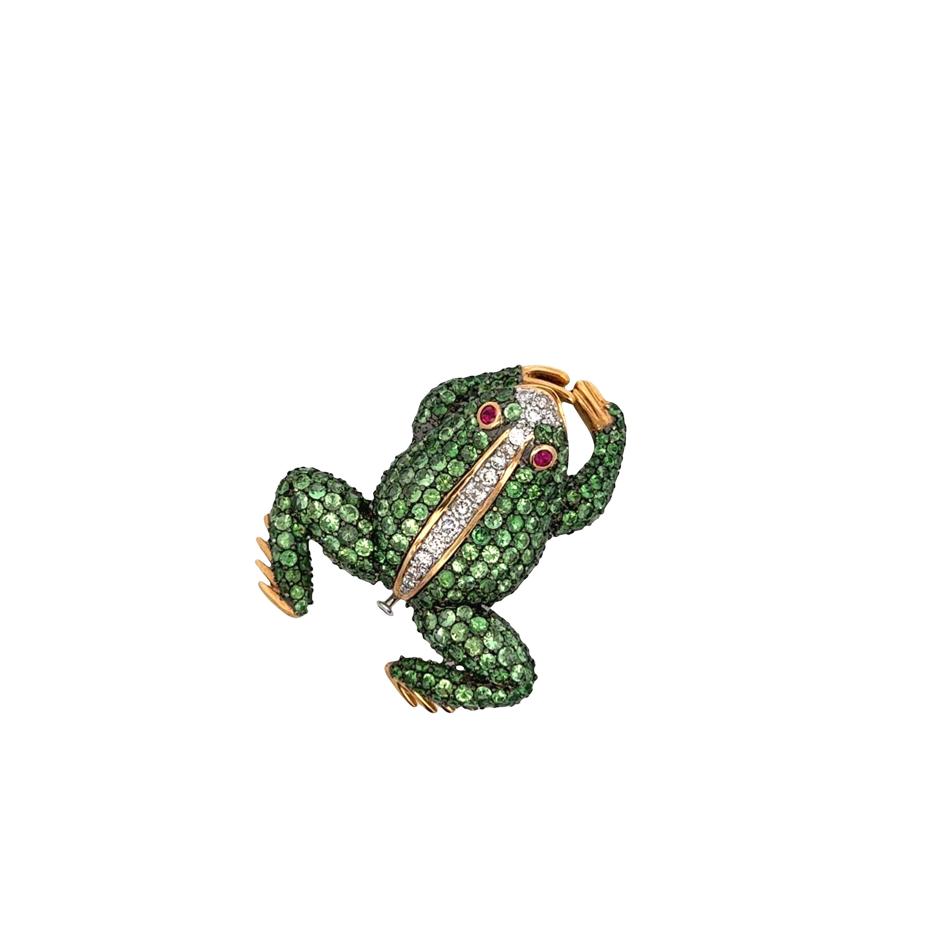 Tsavorite Diamond Ruby 18k Gold Two-Tone Frog Brooch Pendant