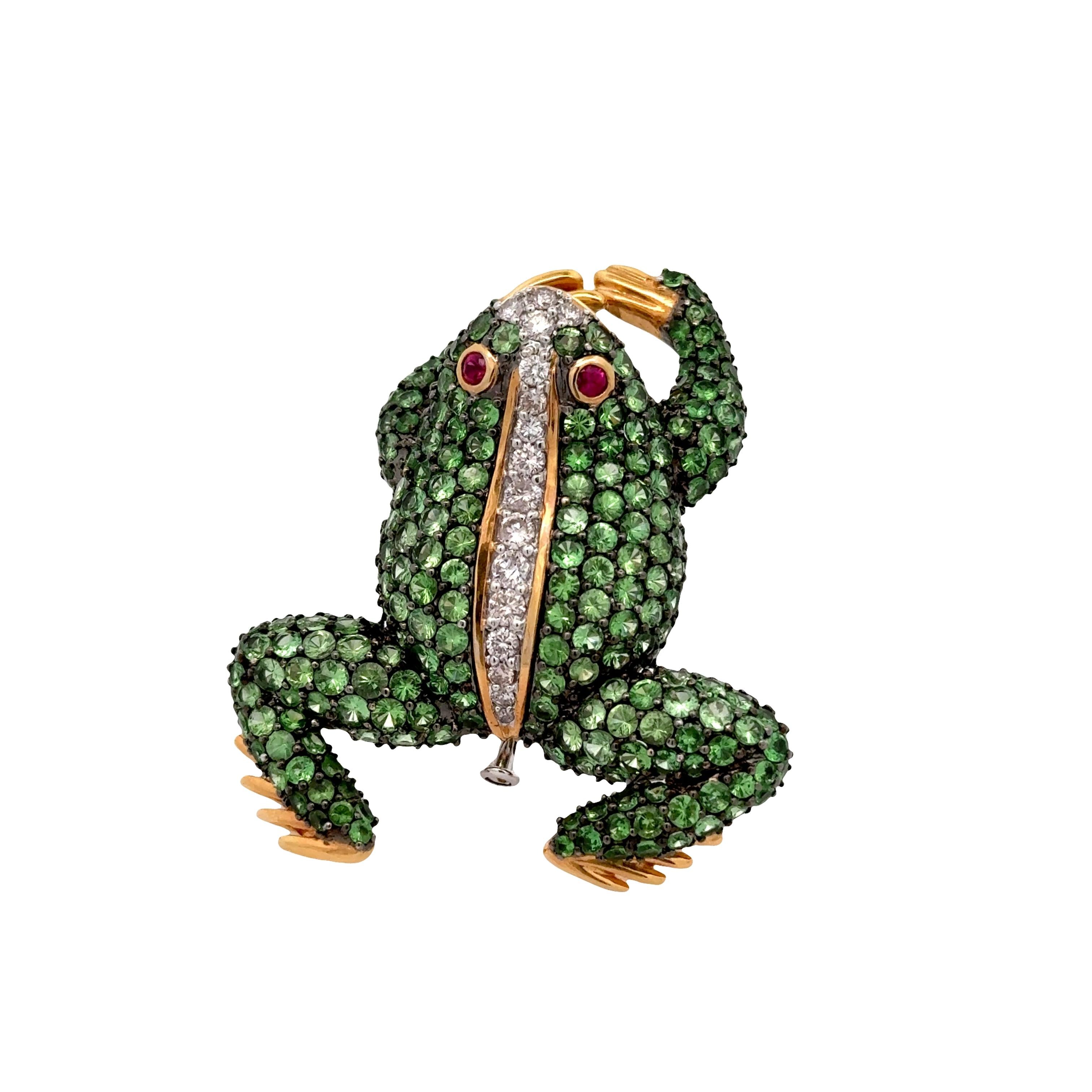 Tsavorite Diamond Ruby 18k Gold Two-Tone Frog Brooch Pendant
