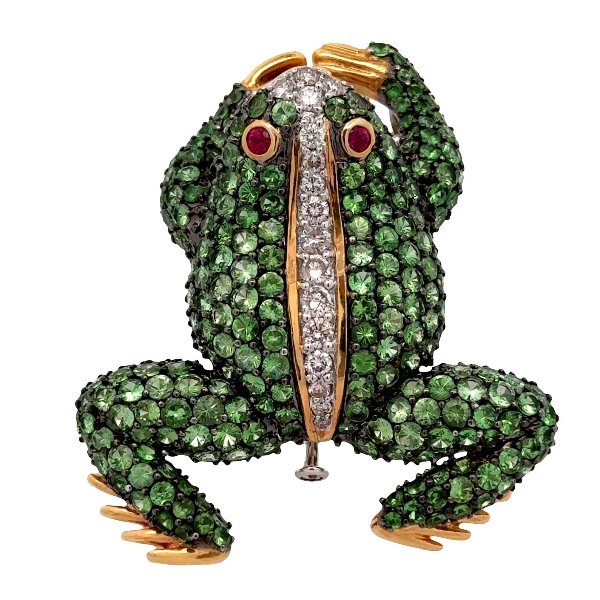 Tsavorite Diamond Ruby 18k Gold Two-Tone Frog Brooch Pendant