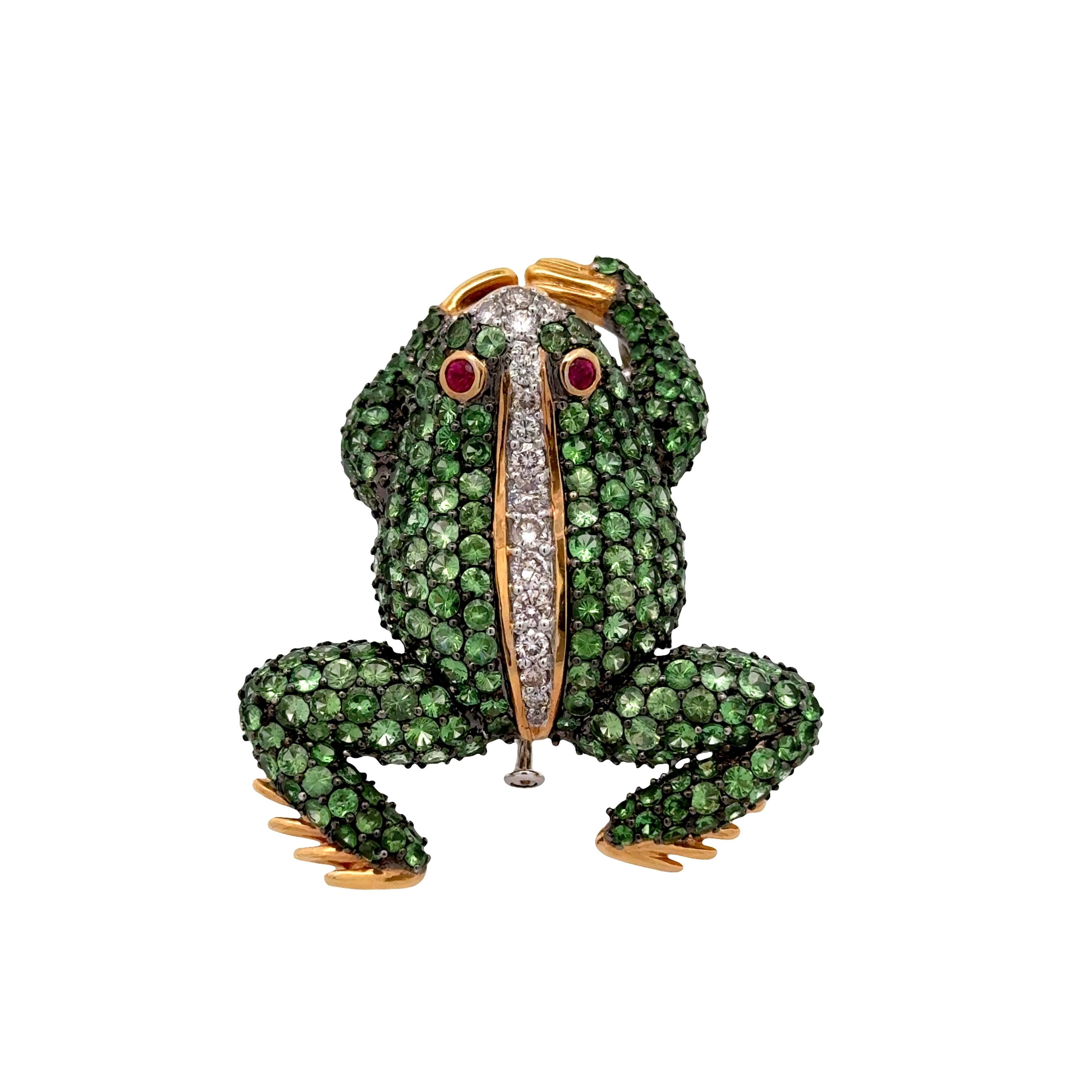 Tsavorite Diamond Ruby 18k Gold Two-Tone Frog Brooch Pendant