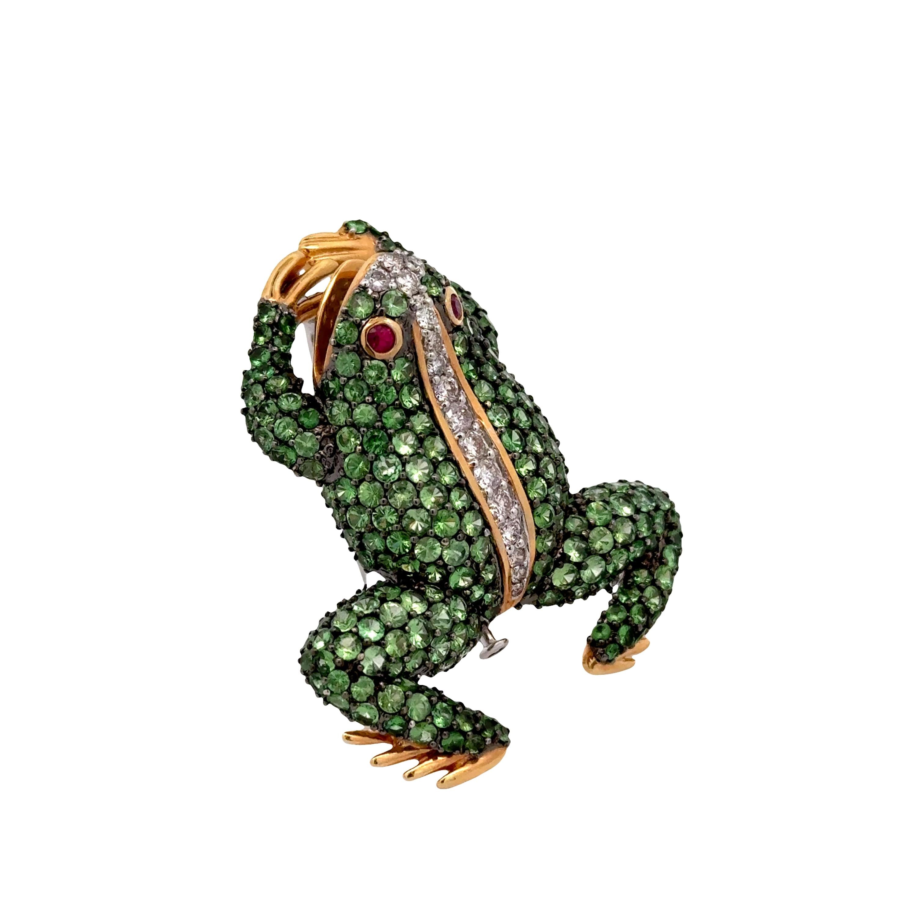 Tsavorite Diamond Ruby 18k Gold Two-Tone Frog Brooch Pendant