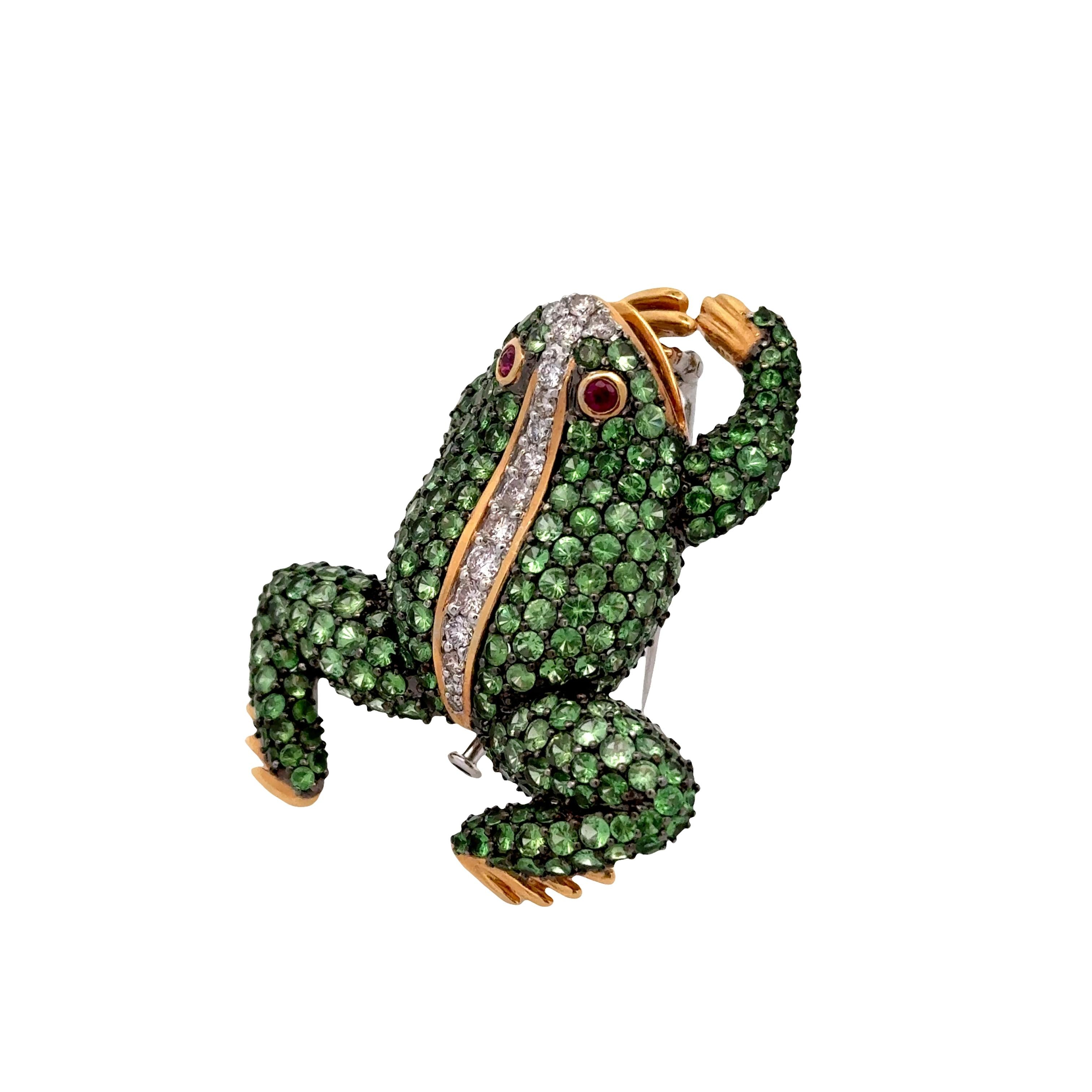Tsavorite Diamond Ruby 18k Gold Two-Tone Frog Brooch Pendant