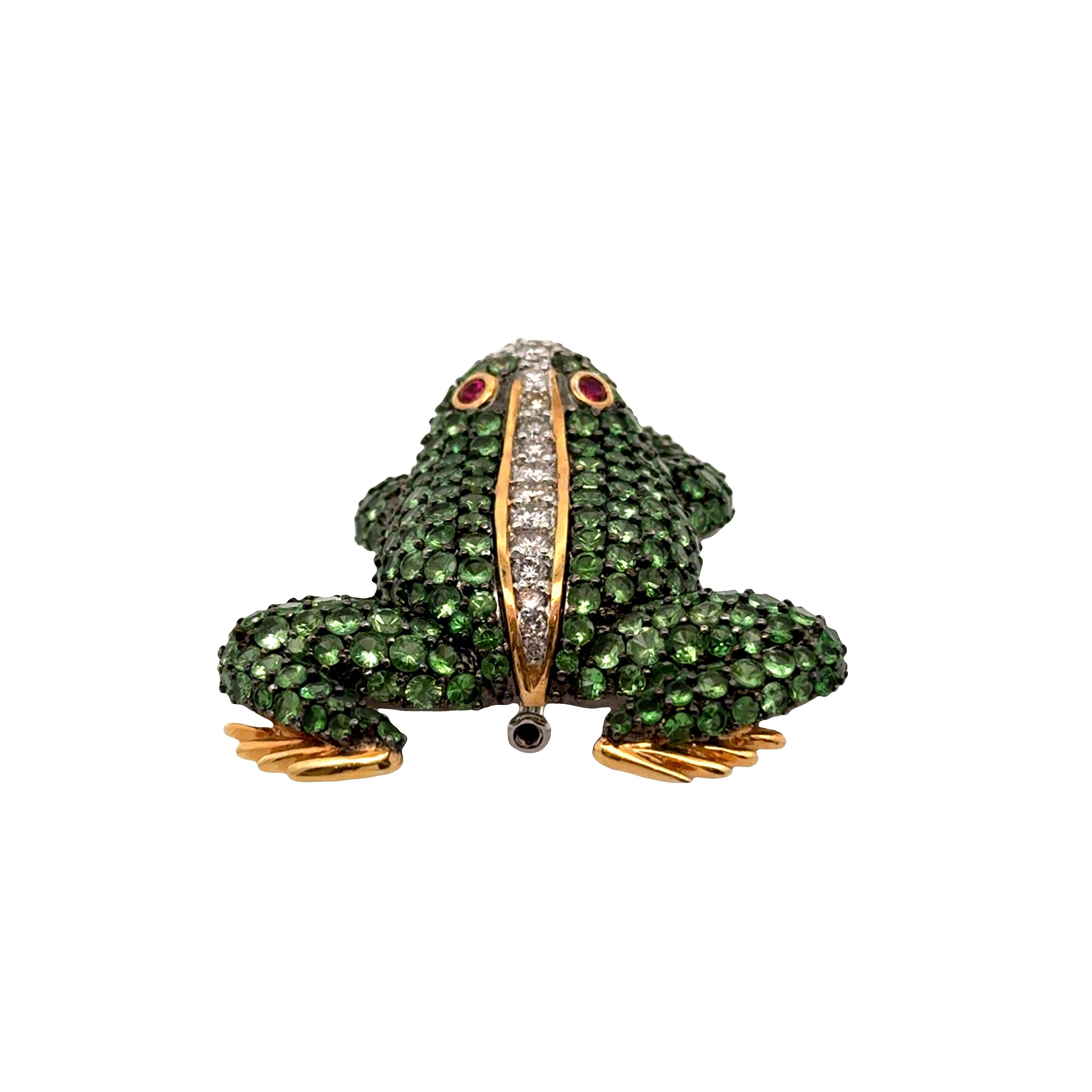 Tsavorite Diamond Ruby 18k Gold Two-Tone Frog Brooch Pendant