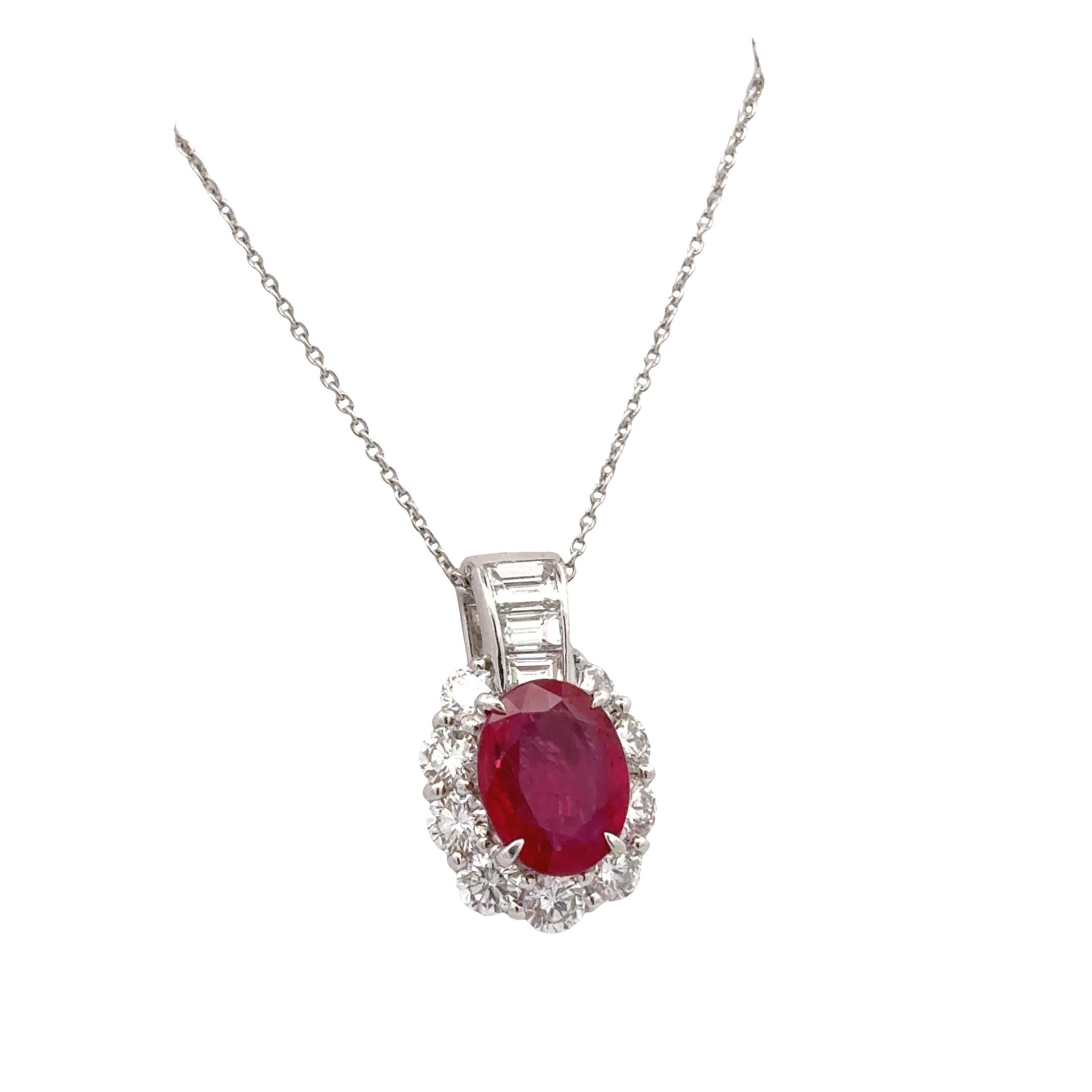 2.00 Carat Burmese Ruby Diamond Platinum Pendant, GIA Certified