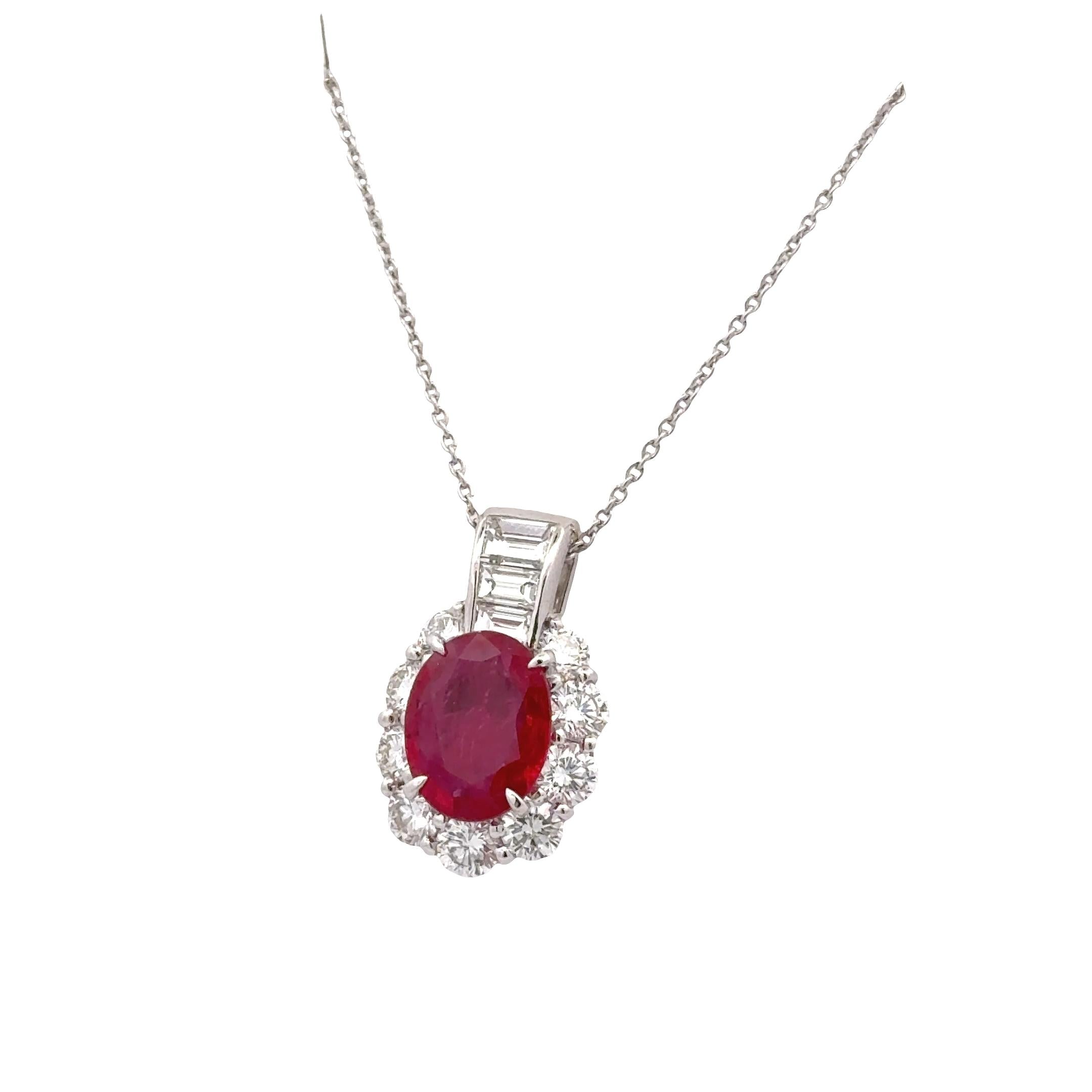 2.00 Carat Burmese Ruby Diamond Platinum Pendant, GIA Certified