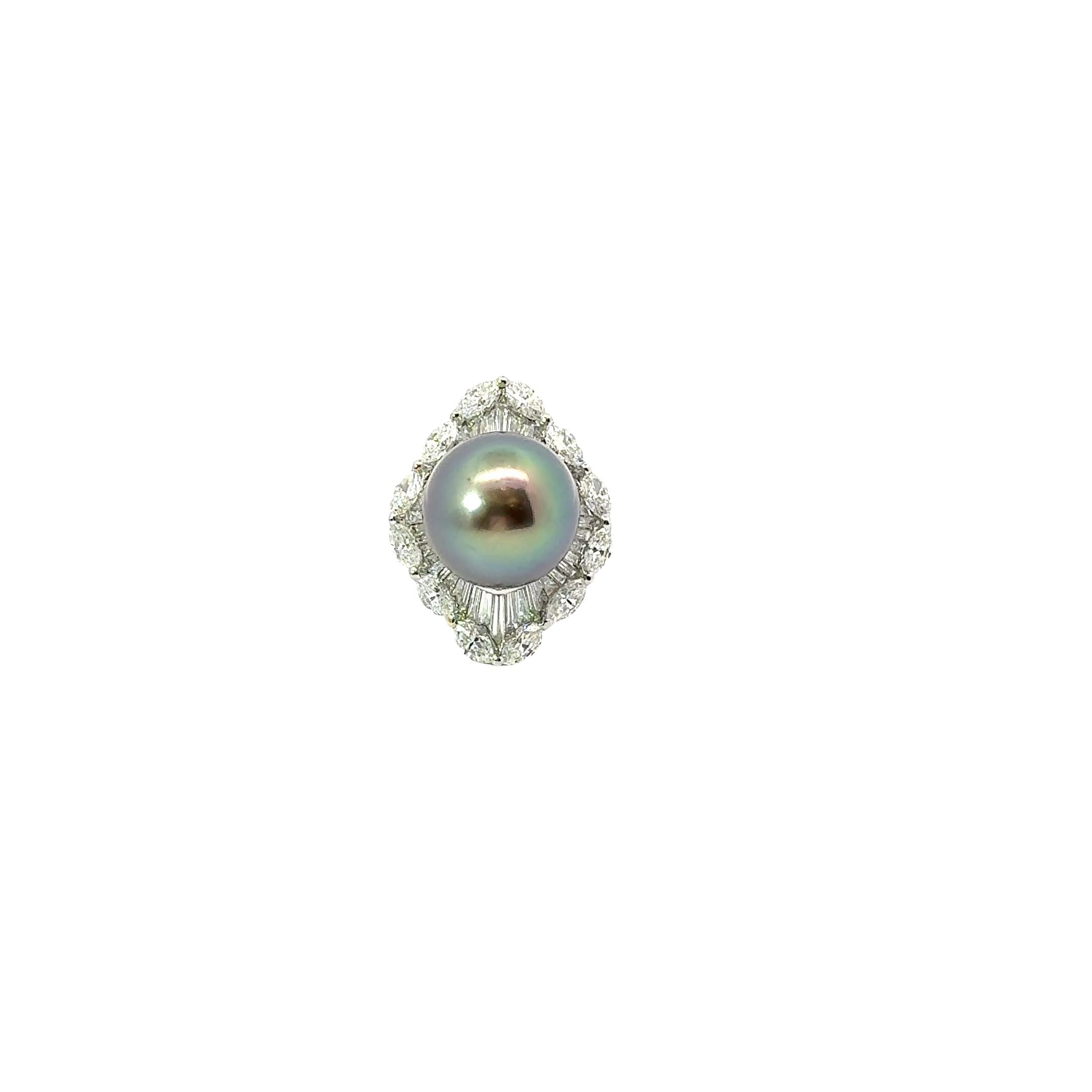 15mm Tahitian Pearl Diamond Platinum Cocktail Ring