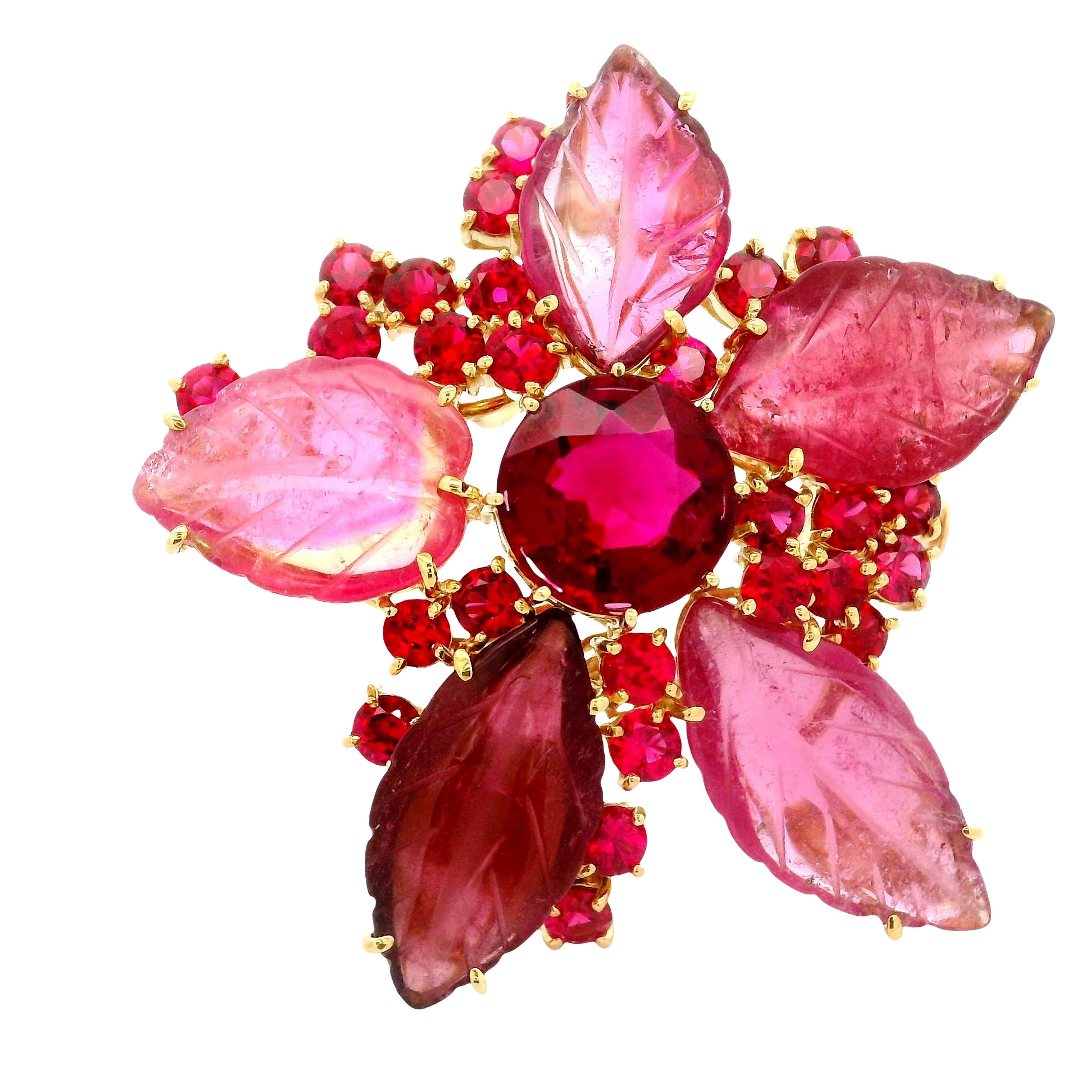 Rubellite Tourmaline Red-Spinel 18K Yellow Gold Floral Brooch Pendant