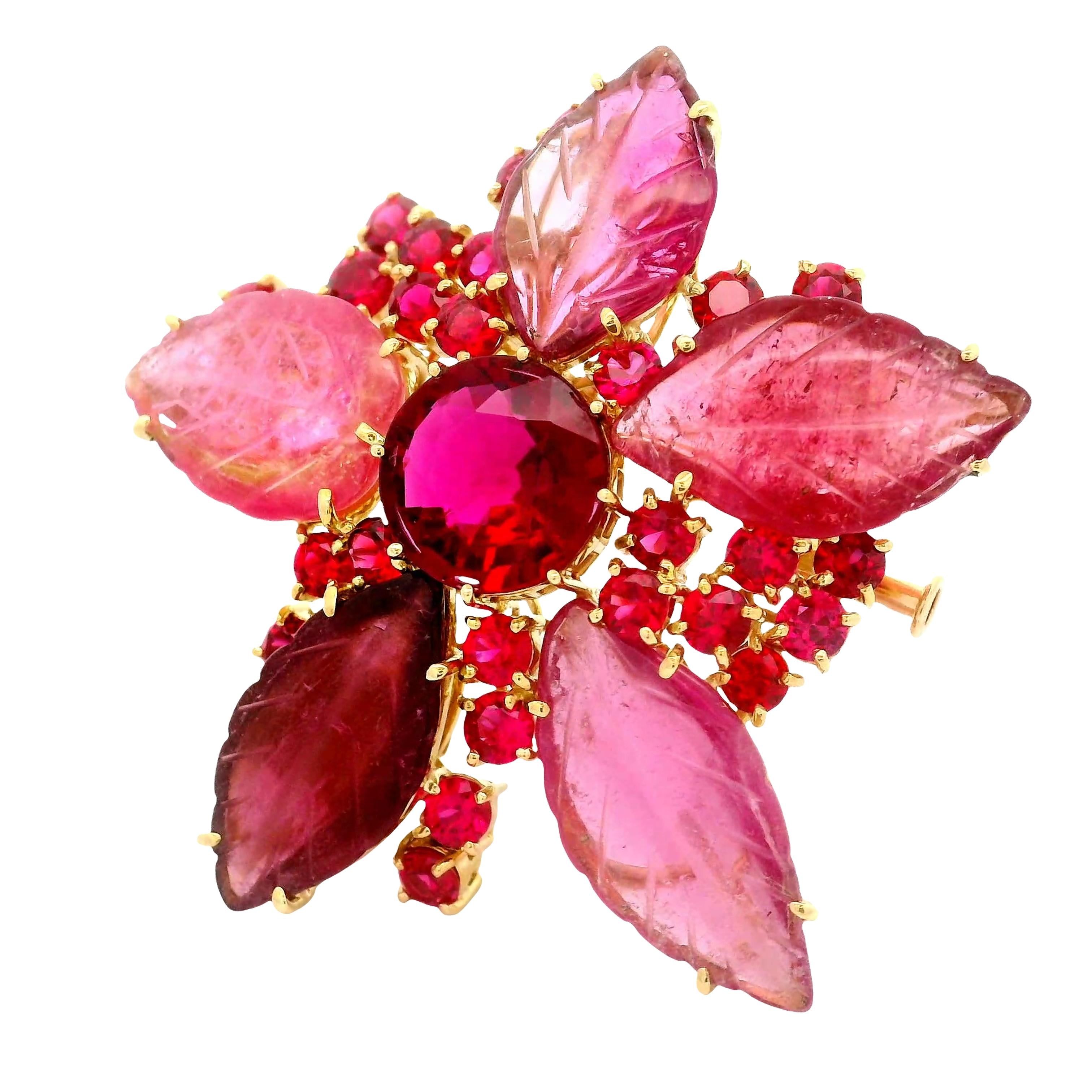 Rubellite Tourmaline Red-Spinel 18K Yellow Gold Floral Brooch Pendant