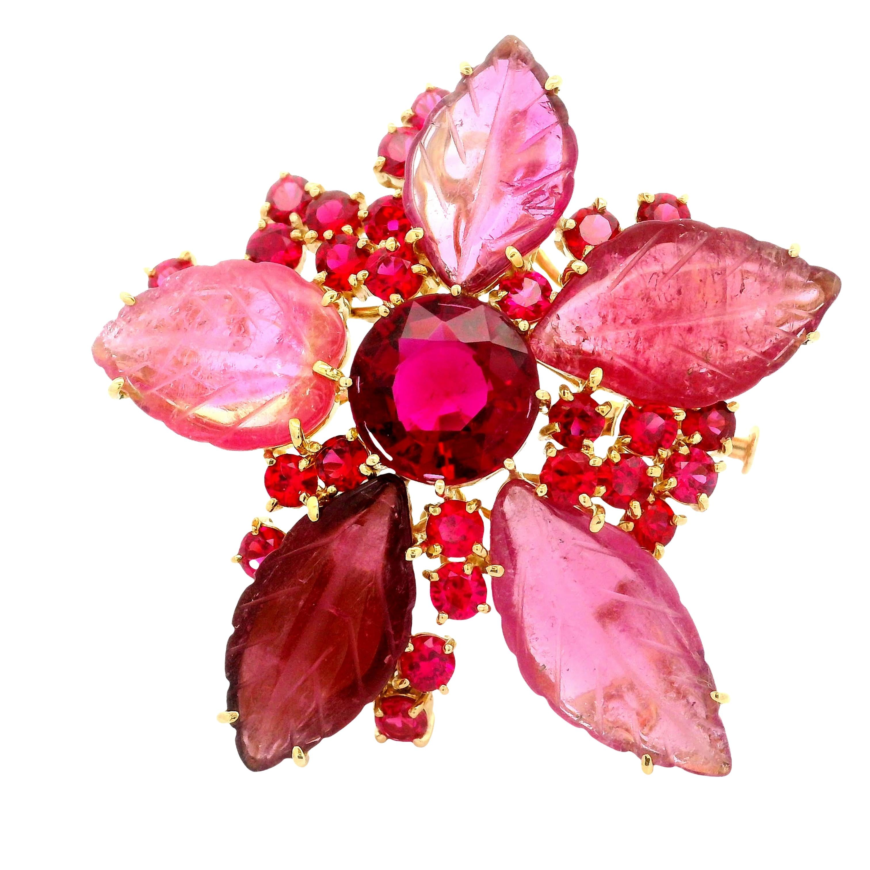 Rubellite Tourmaline Red-Spinel 18K Yellow Gold Floral Brooch Pendant