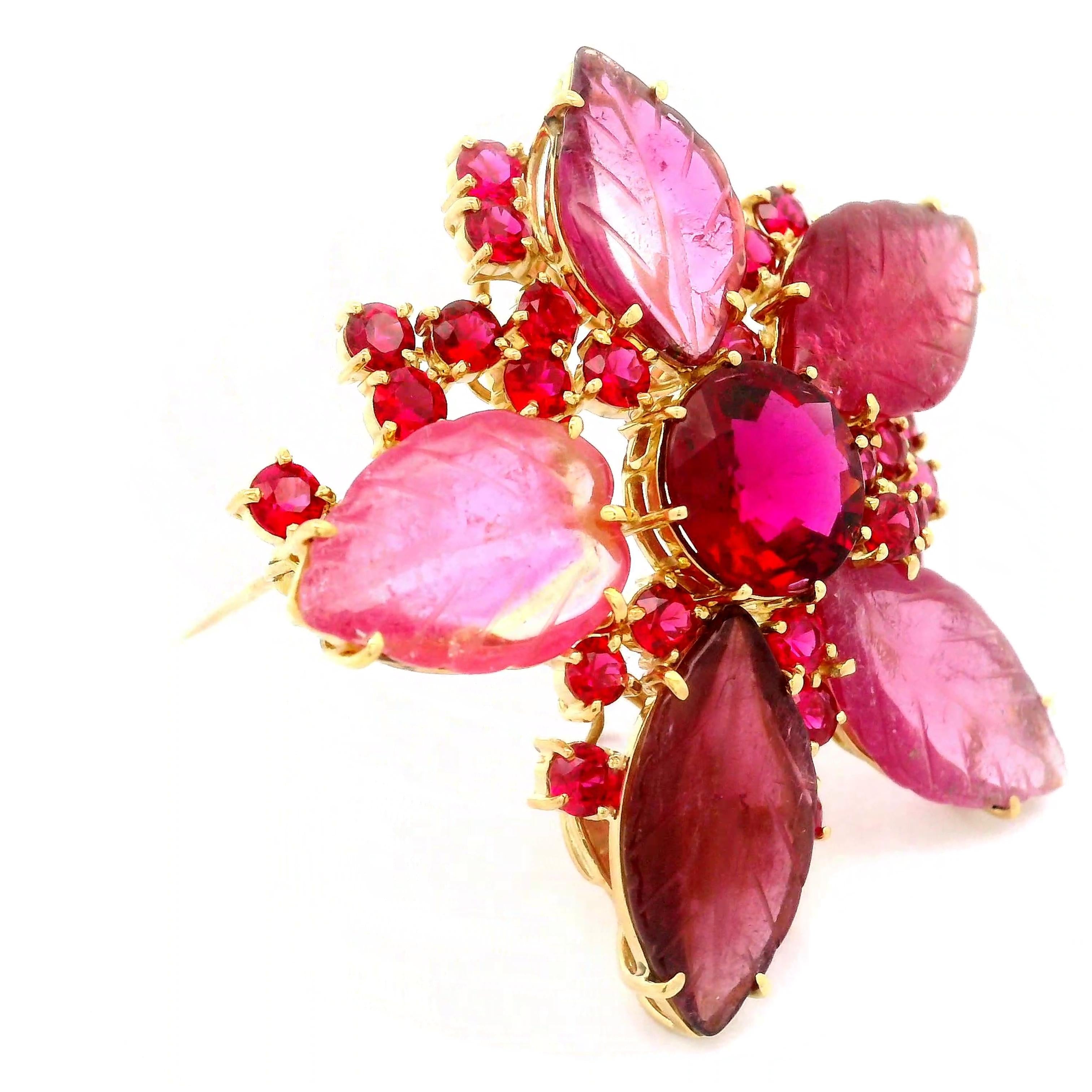 Rubellite Tourmaline Red-Spinel 18K Yellow Gold Floral Brooch Pendant