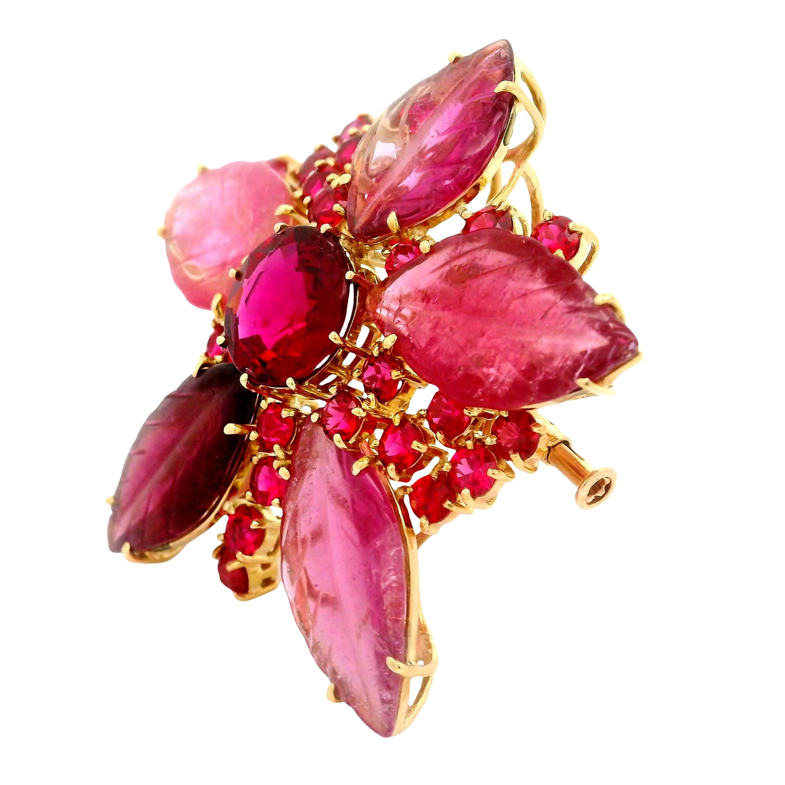 Rubellite Tourmaline Red-Spinel 18K Yellow Gold Floral Brooch Pendant