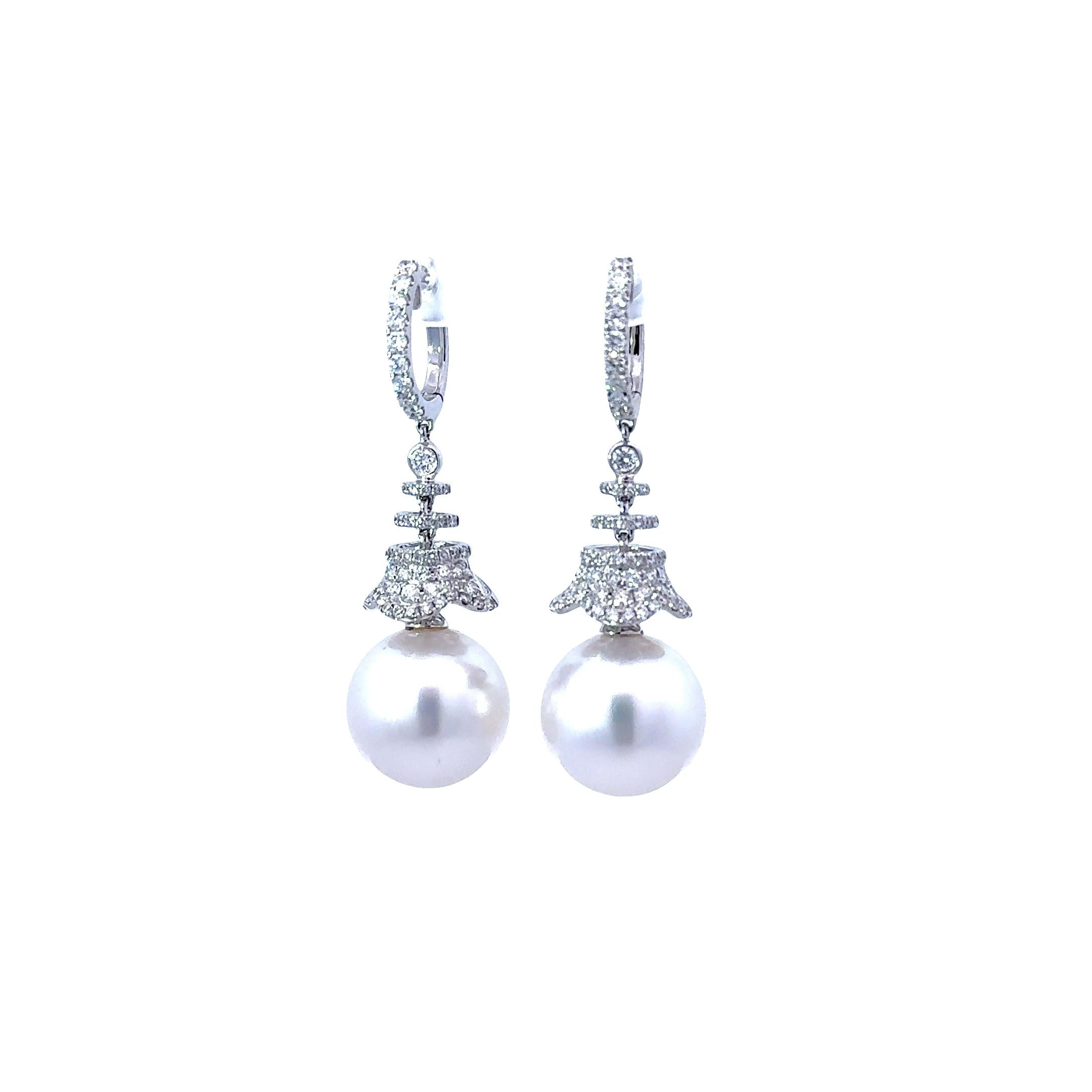 14mm South Sea Pearl Diamond 18k White Gold Dangle Earrings
