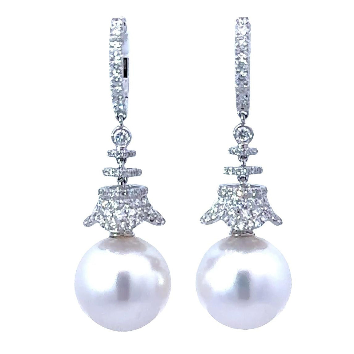 14mm South Sea Pearl Diamond 18k White Gold Dangle Earrings