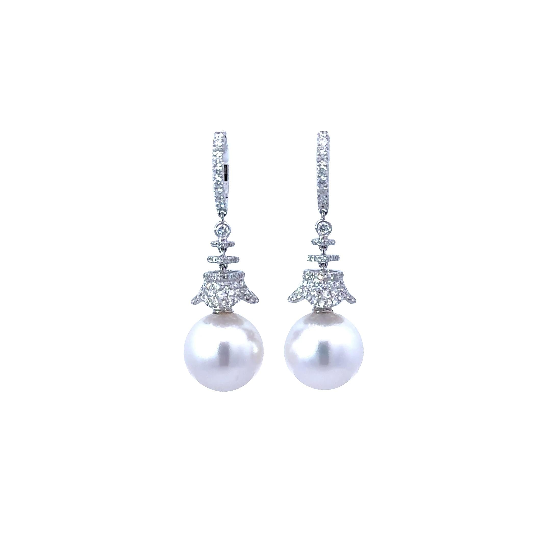 14mm South Sea Pearl Diamond 18k White Gold Dangle Earrings