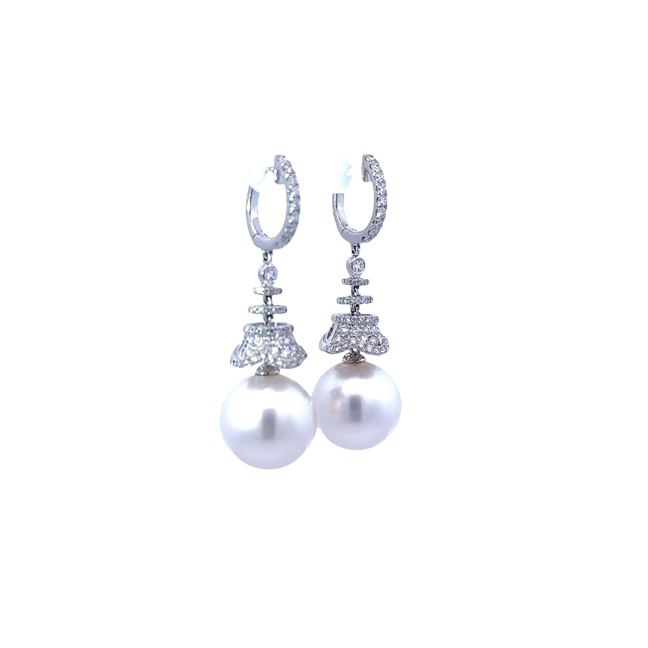 14mm South Sea Pearl Diamond 18k White Gold Dangle Earrings