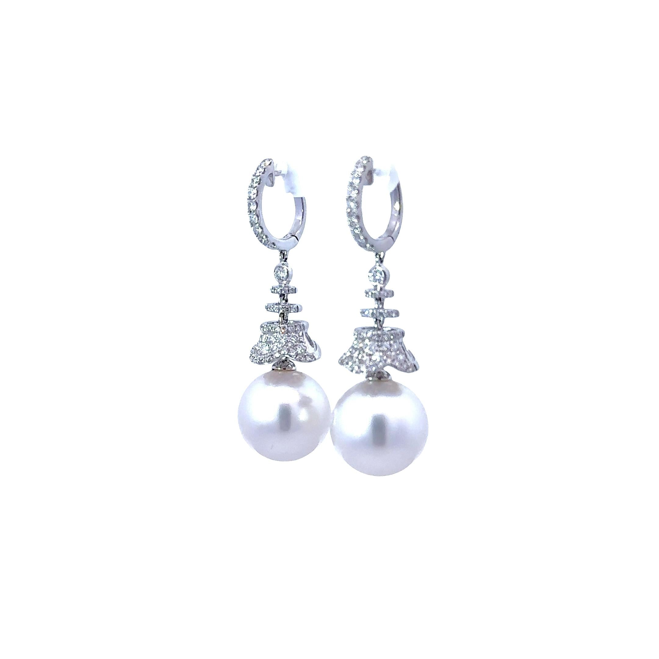 14mm South Sea Pearl Diamond 18k White Gold Dangle Earrings