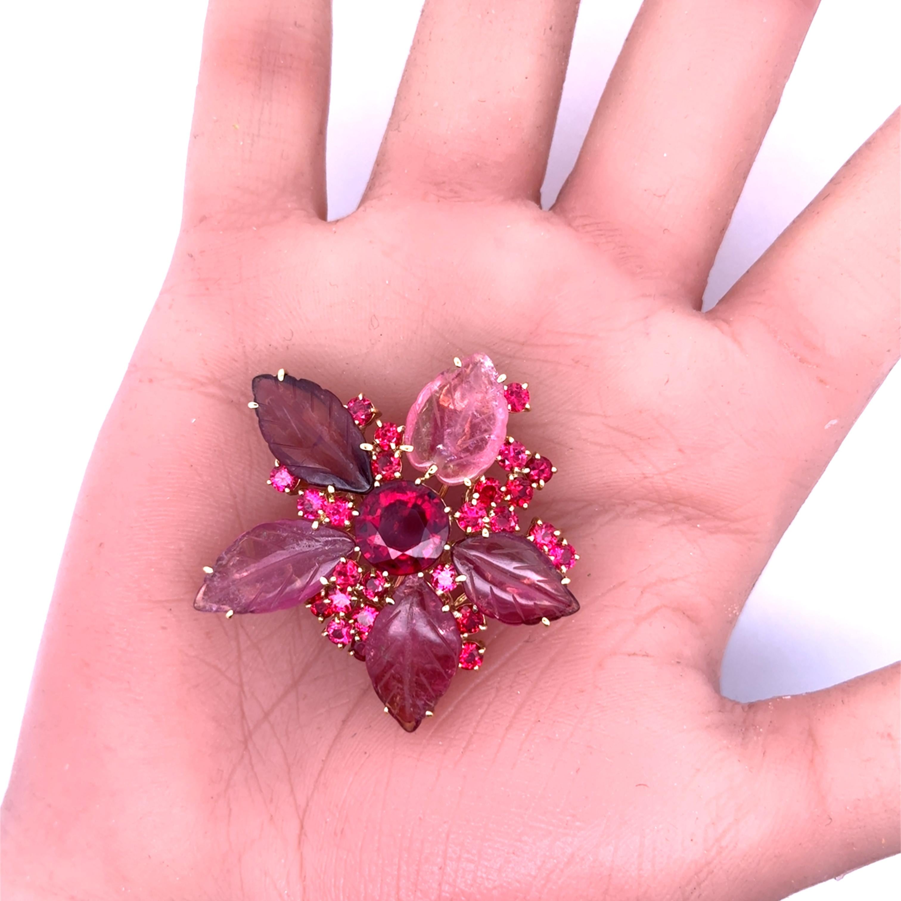 Rubellite Tourmaline Red-Spinel 18K Yellow Gold Floral Brooch Pendant