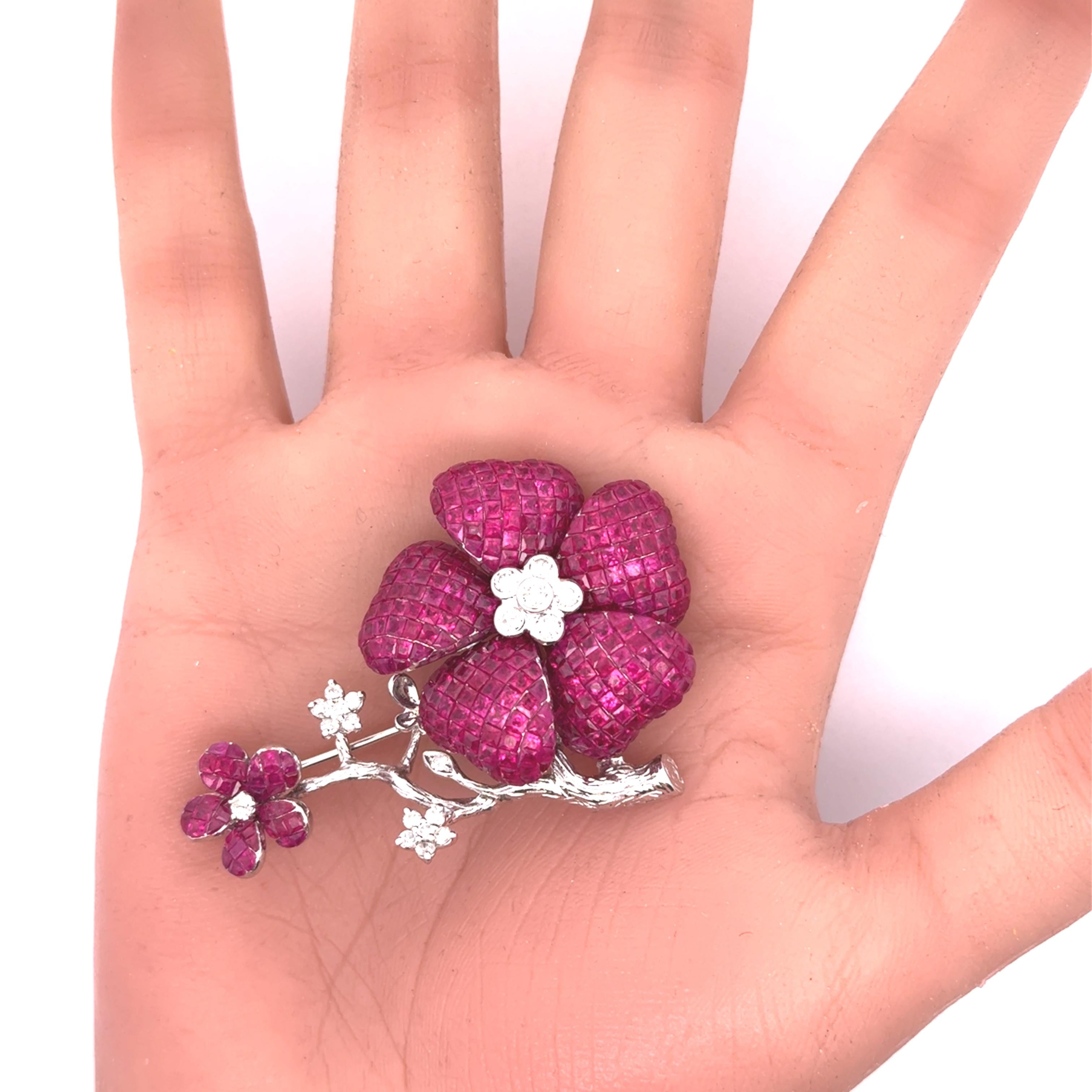 Invisible-Set Ruby Diamond 18K White Gold Bloom Flower Brooch