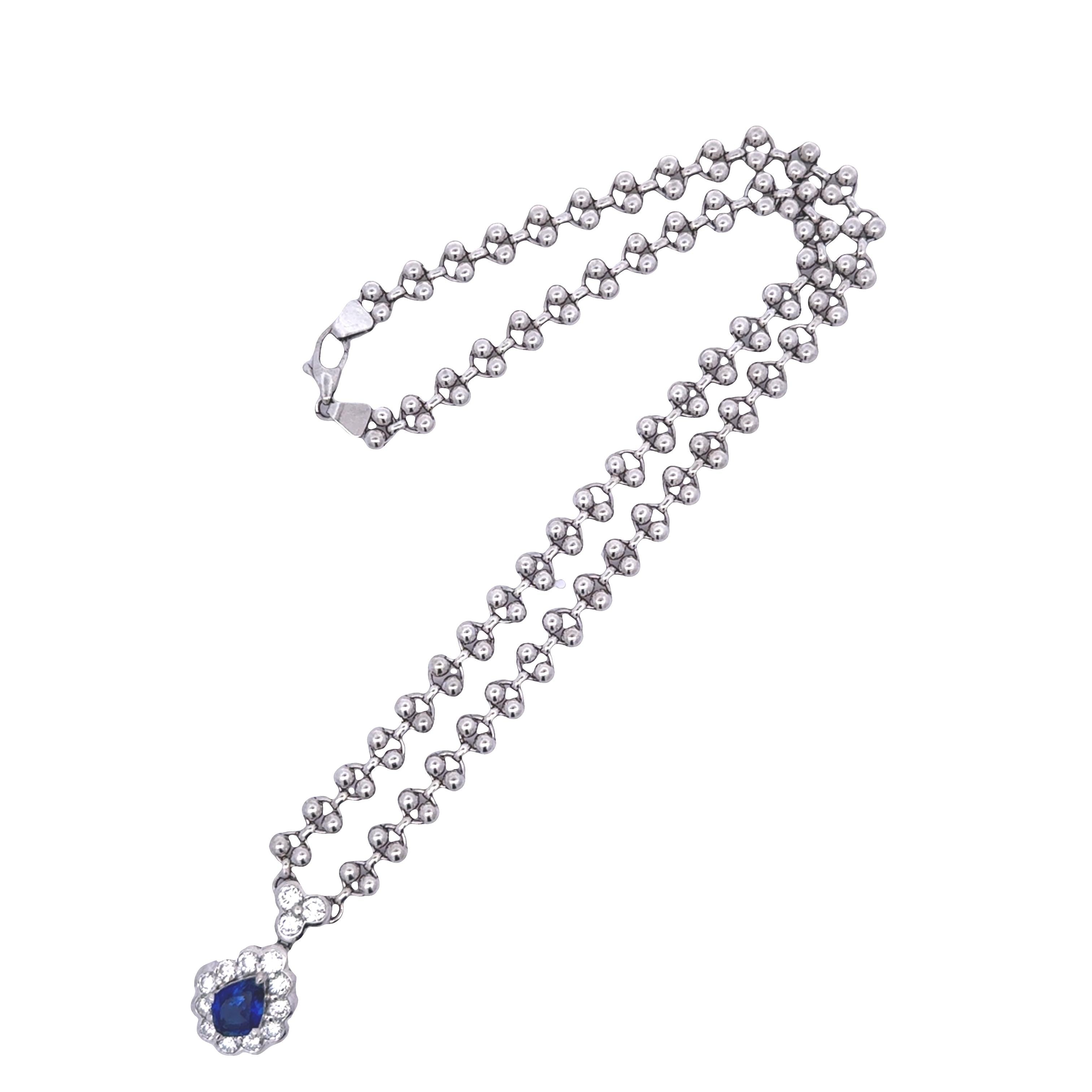 1.95 Carat Blue Sapphire Diamond Platinum Halo Necklace
