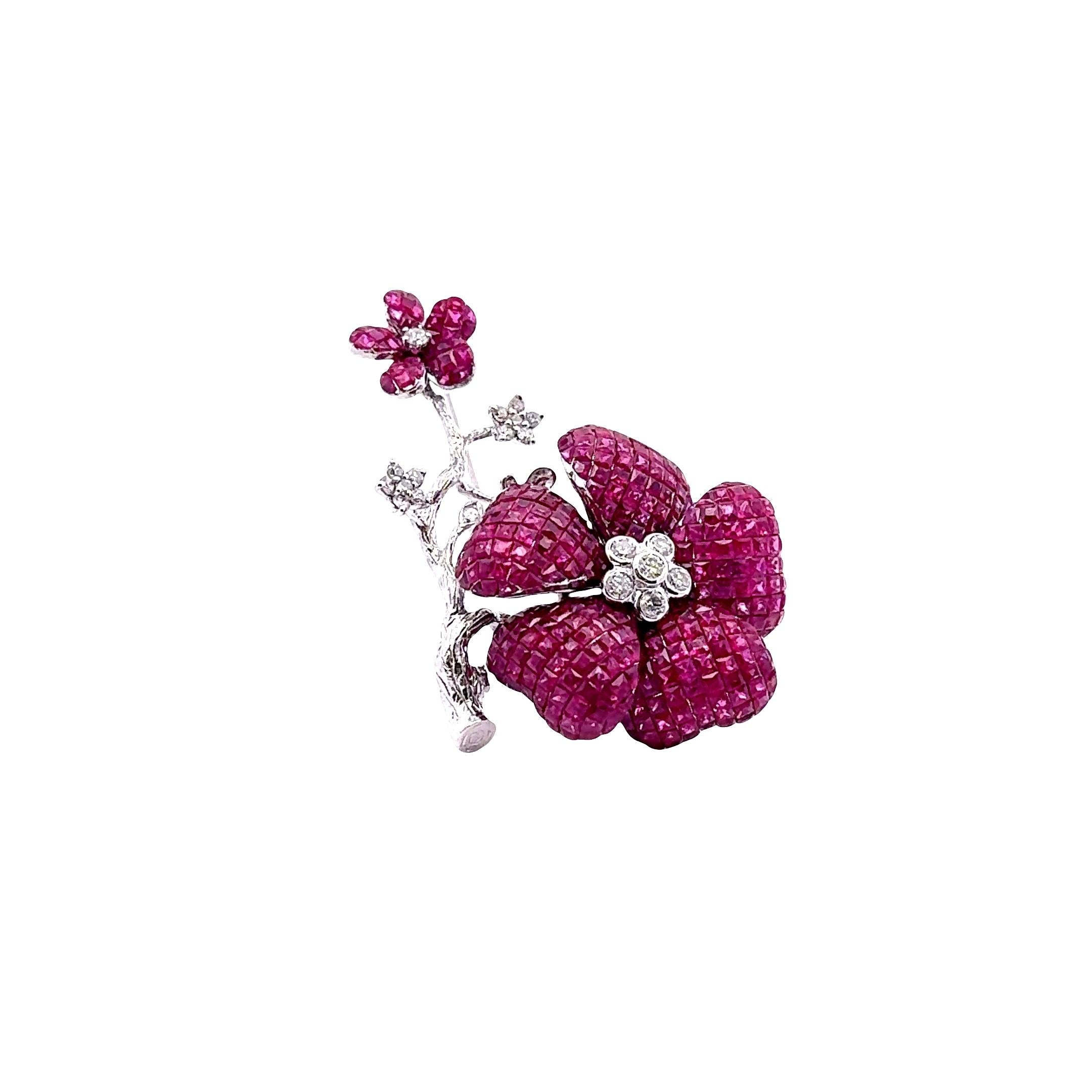 Invisible-Set Ruby Diamond 18K White Gold Bloom Flower Brooch