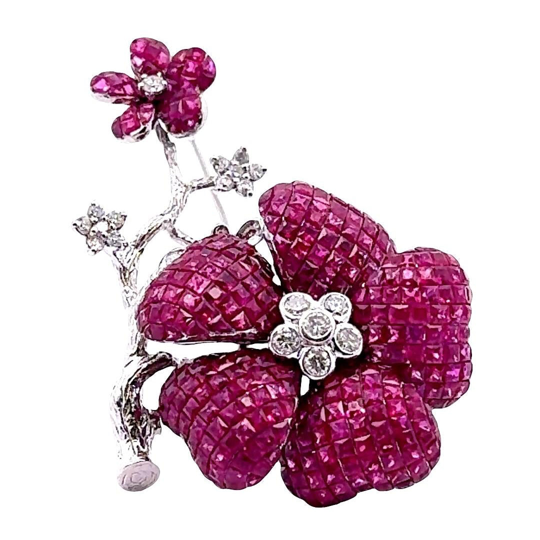 Invisible-Set Ruby Diamond 18K White Gold Bloom Flower Brooch