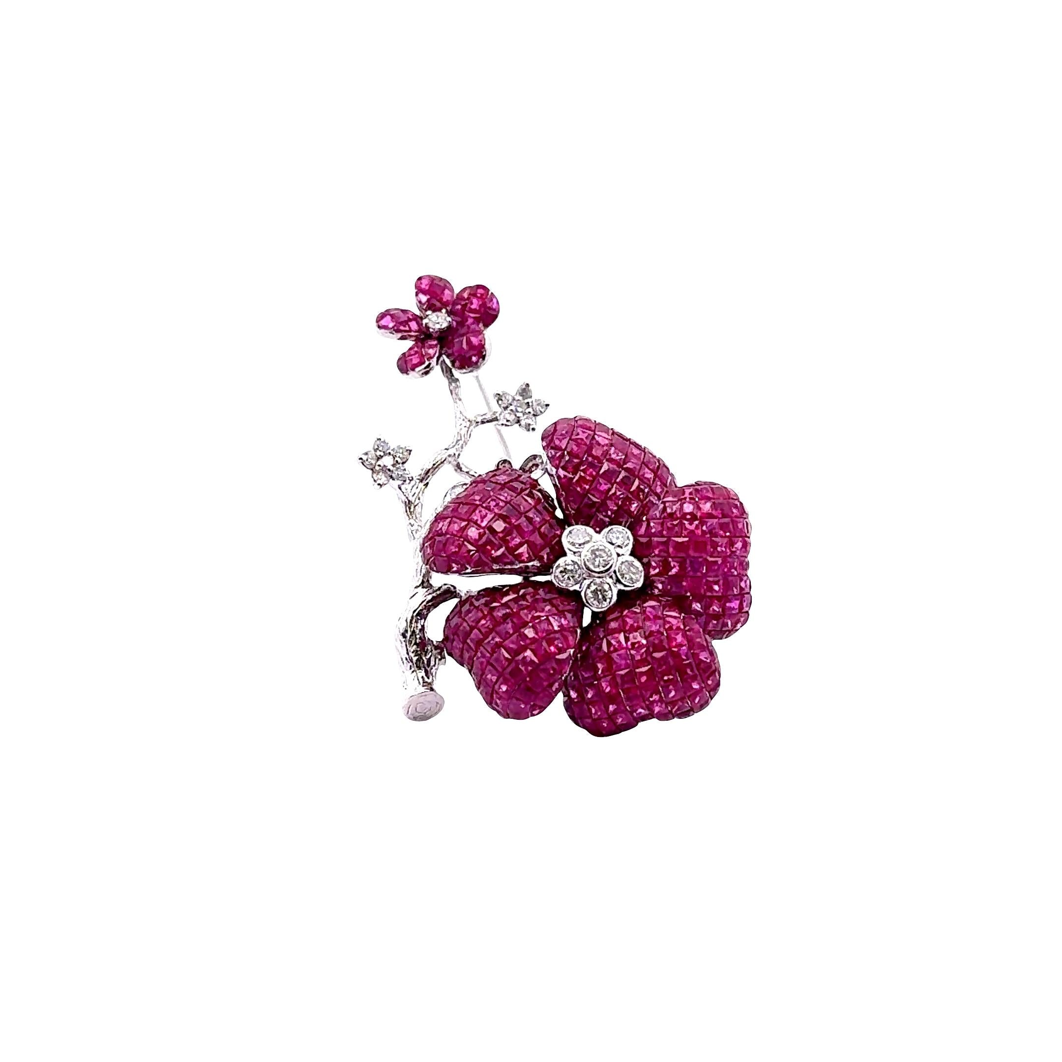 Invisible-Set Ruby Diamond 18K White Gold Bloom Flower Brooch