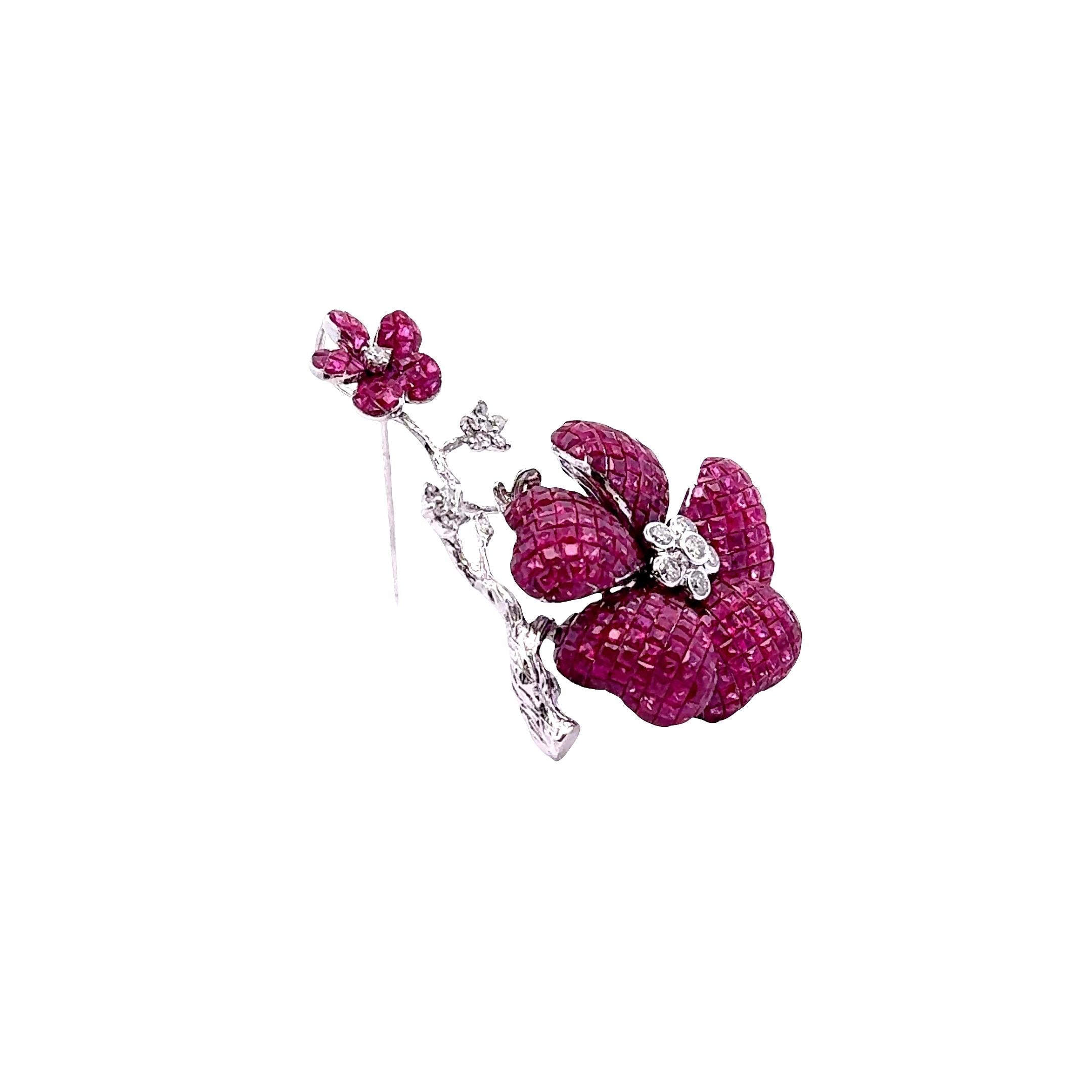 Invisible-Set Ruby Diamond 18K White Gold Bloom Flower Brooch